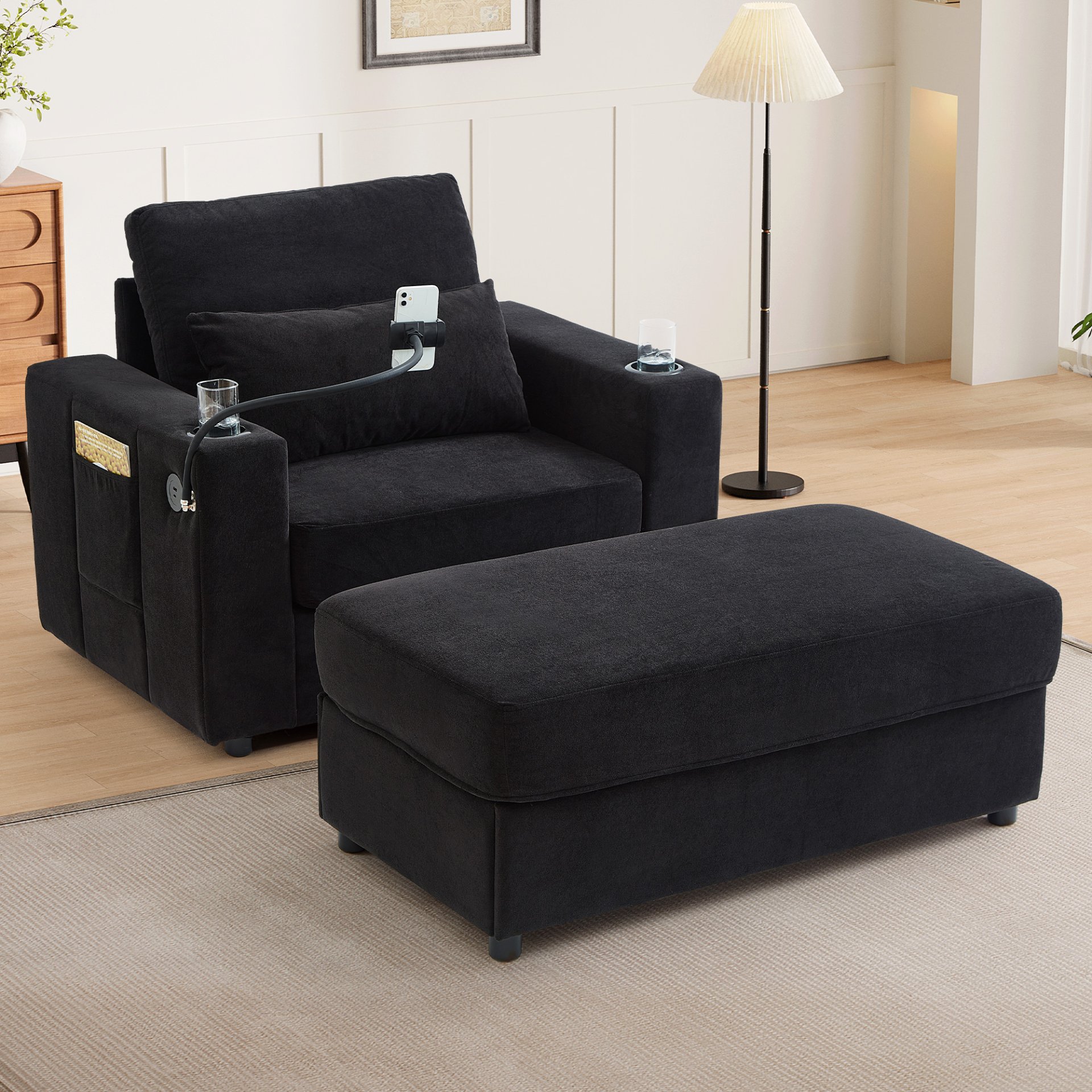 Modern Style Armchair Chaise Lounge Sofa Couch With Movable Storage Ottoman, USB Ports, Cup Holders & Side Pockets Chenille - Black - Image 11