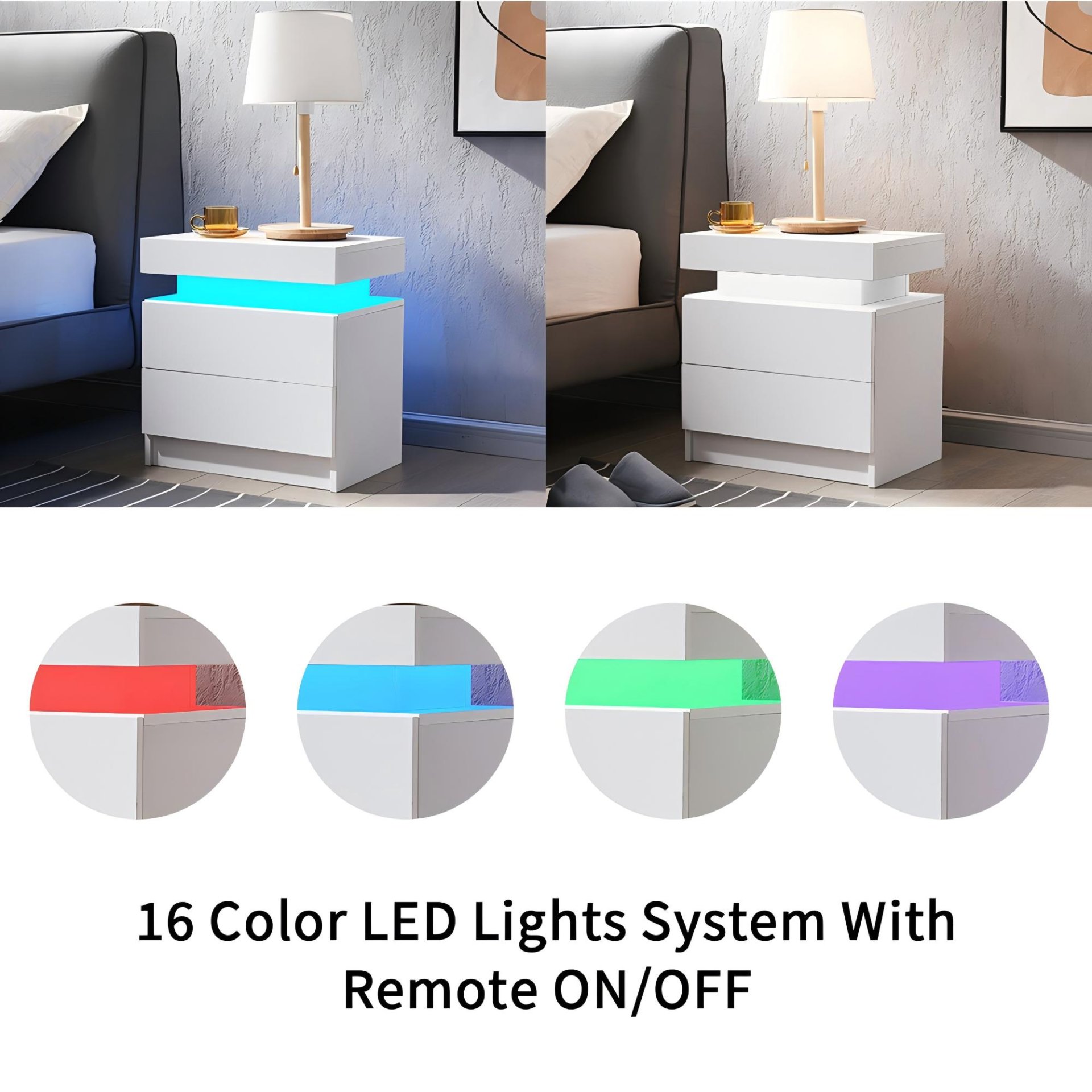 Modern LED Bedside Table Cabinet With Adjustable Lights And 2 Drawers - White - Image 6