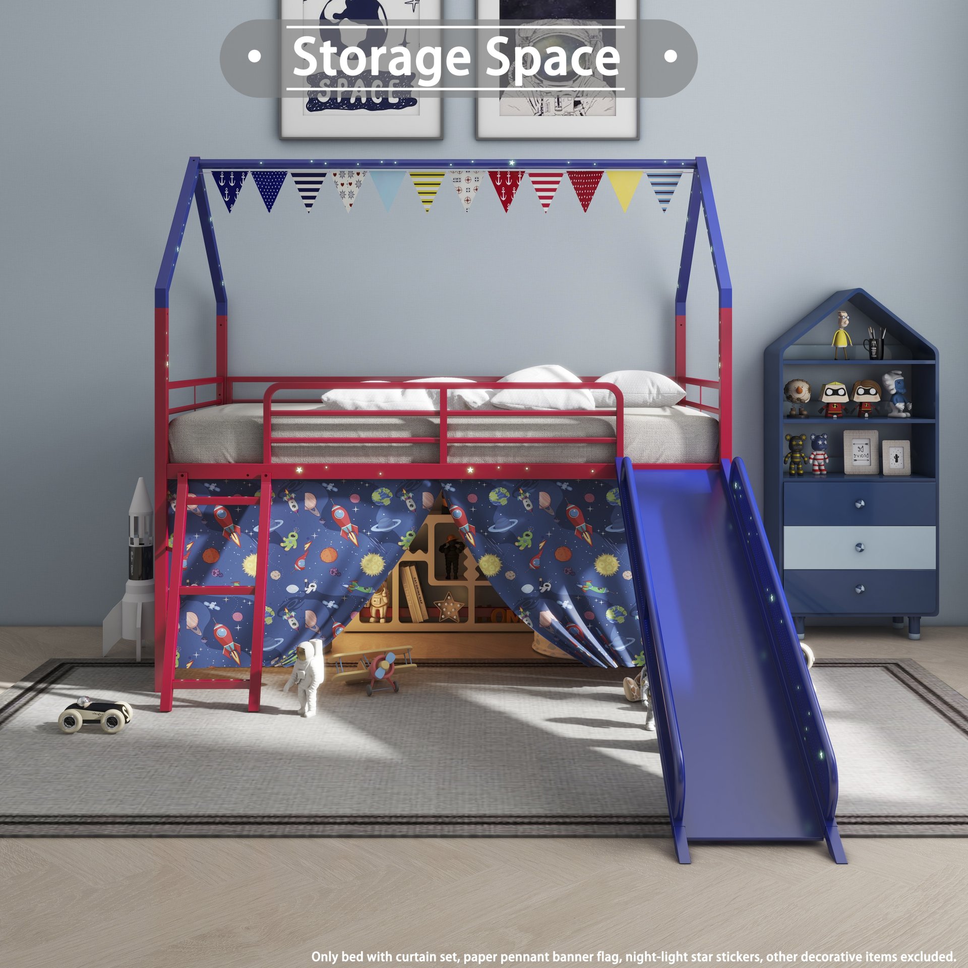 Jack - House Twin Loft Bed With Slide And Curtain Set, Superhero - Red / Blue - Image 14