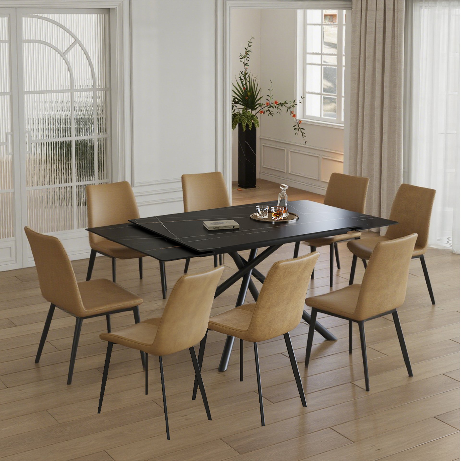 Retractable Dining Table Set With Carbon Steel Legs And Cross Leg Structure, Table And 8 Chairs - Black - Image 2