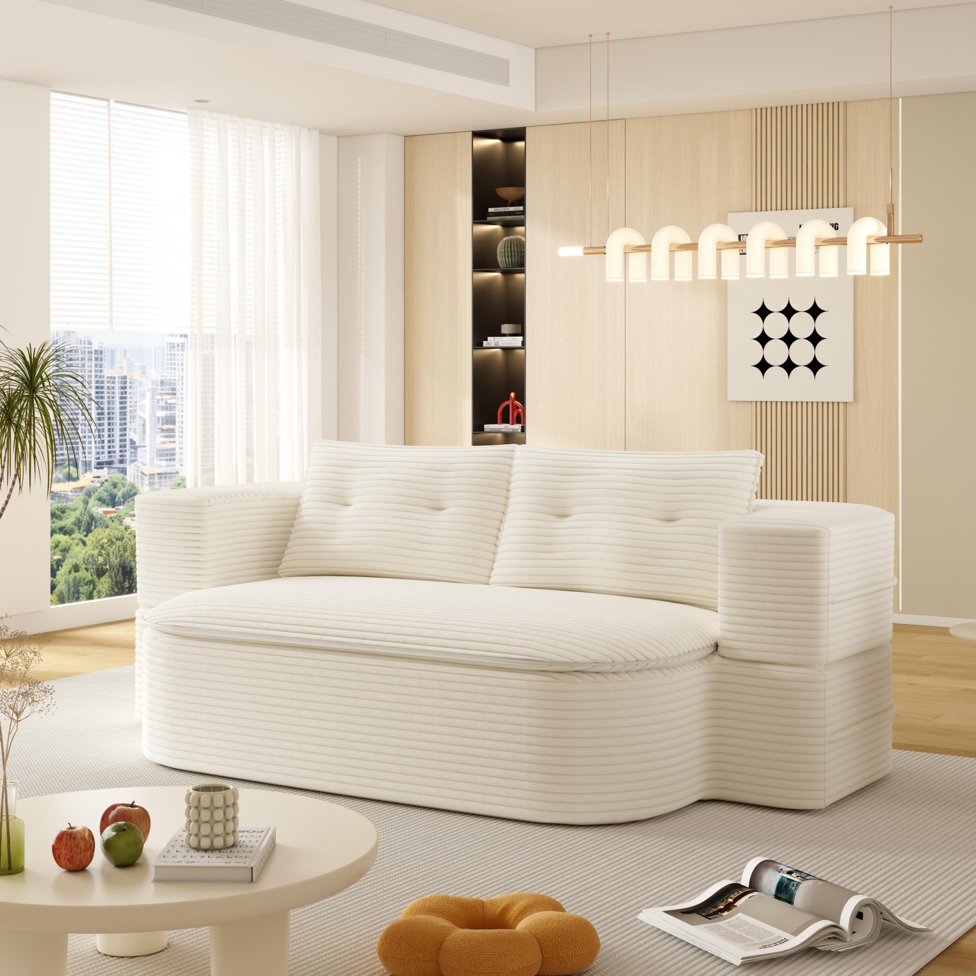 2 In 1 Foldable Sofa Plush Corduroy Sofa Convertible Floor Sofa Bed Deep Seating With Multi Functional Blanket Suitable For Living Rooms - Beige - Image 5