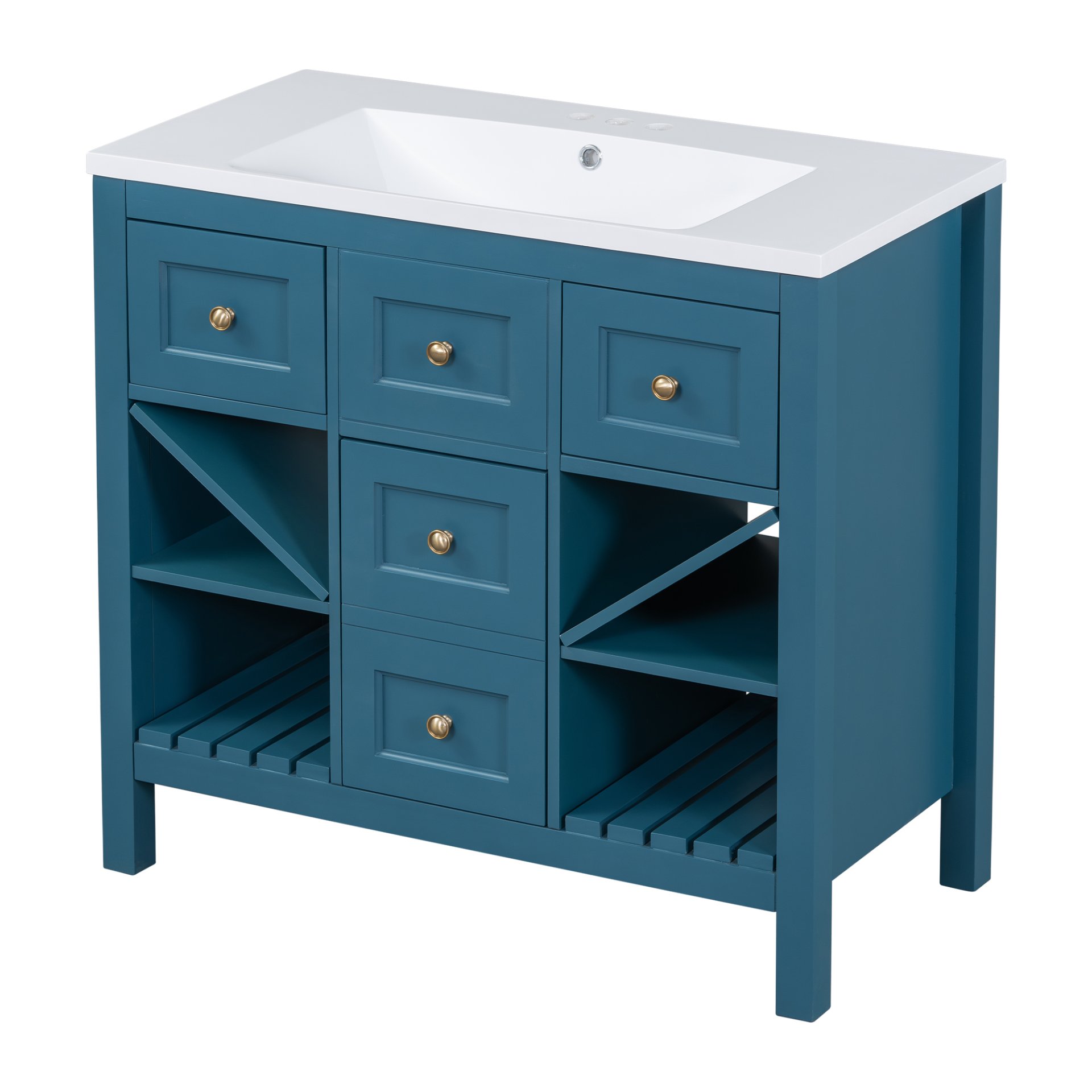 Bathroom Vanity With Resin Sink Combo, Frame Bathroom Storage Cabinet, Freestanding Vanity Set, 5 Drawers & Soft Closing Doors - Blue - Image 16