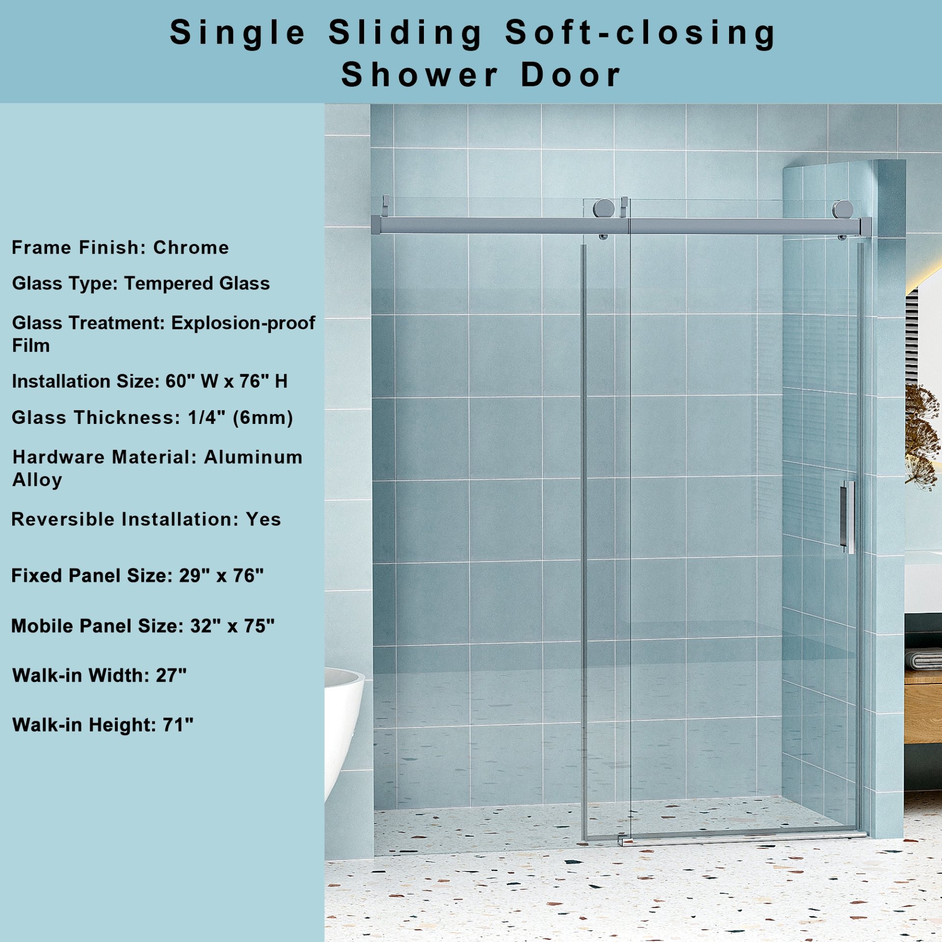 Frameless Soft Closing Shower Door, 1 / 4" (6Mm) Tempered Glass Single Sliding With Explosion Proof Coating - Chrome - Image 3