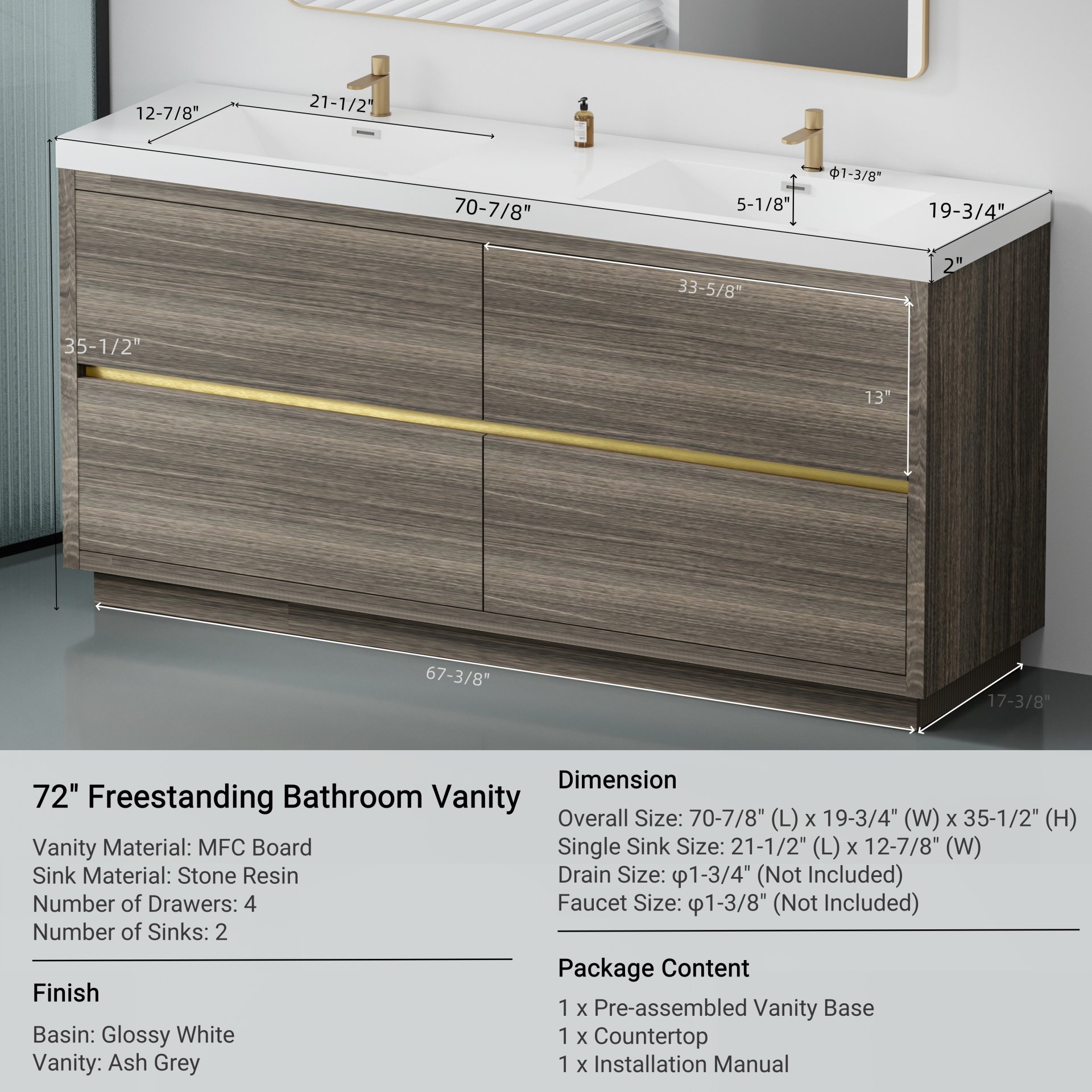 Freestanding Bathroom Vanity With Sink, Bathroom Storage Vanity Cabinet With Stone Resin Countertop And Soft Close Drawers - Ash Gray - Image 3