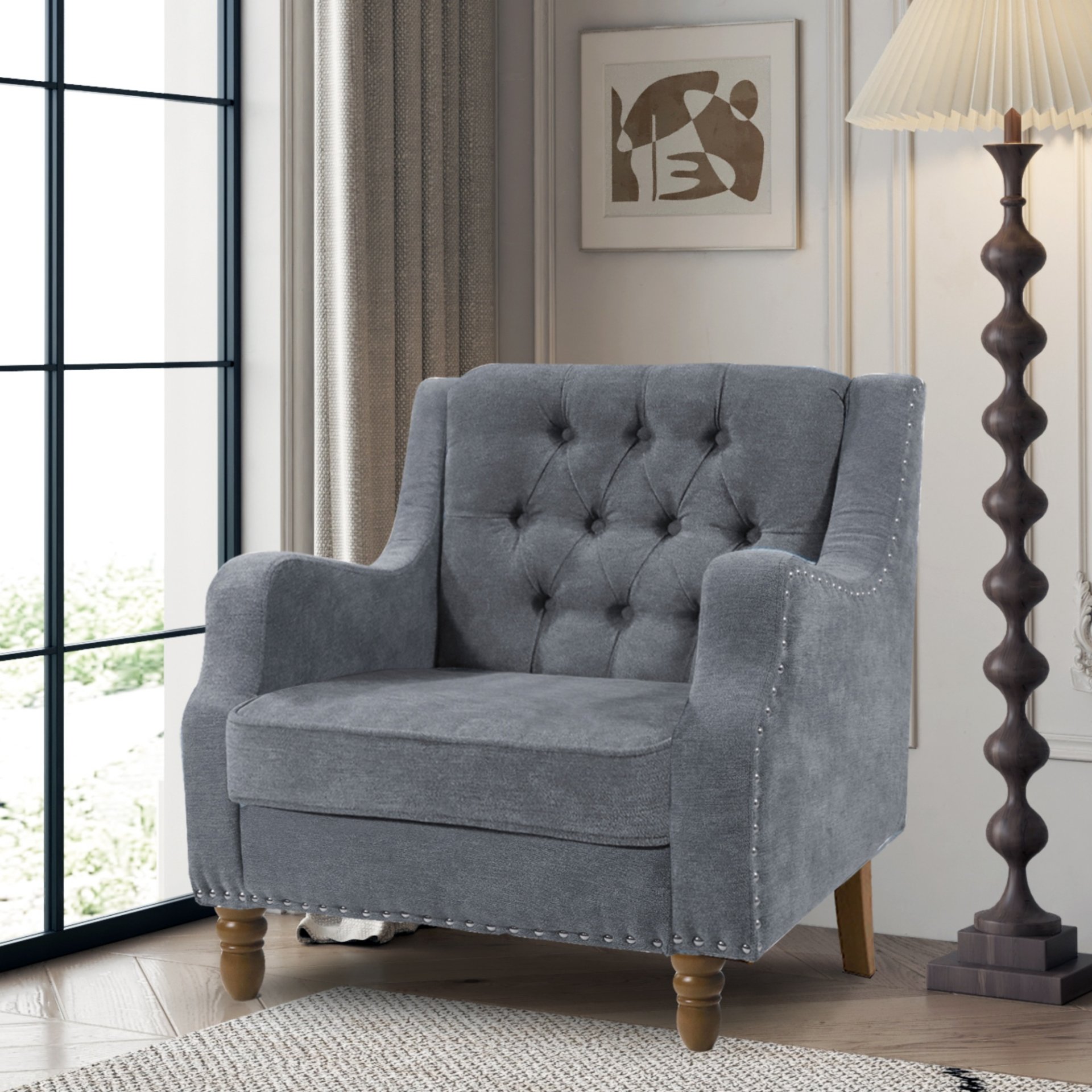 Accent Chair, Living Room Chair, Footrest Chair Set With Vintage Brass Studs, Button Tufted Upholstered Armchair For Living Room, Comfy Reading Chair For Bedroom, Reception Room - Gray - Image 26