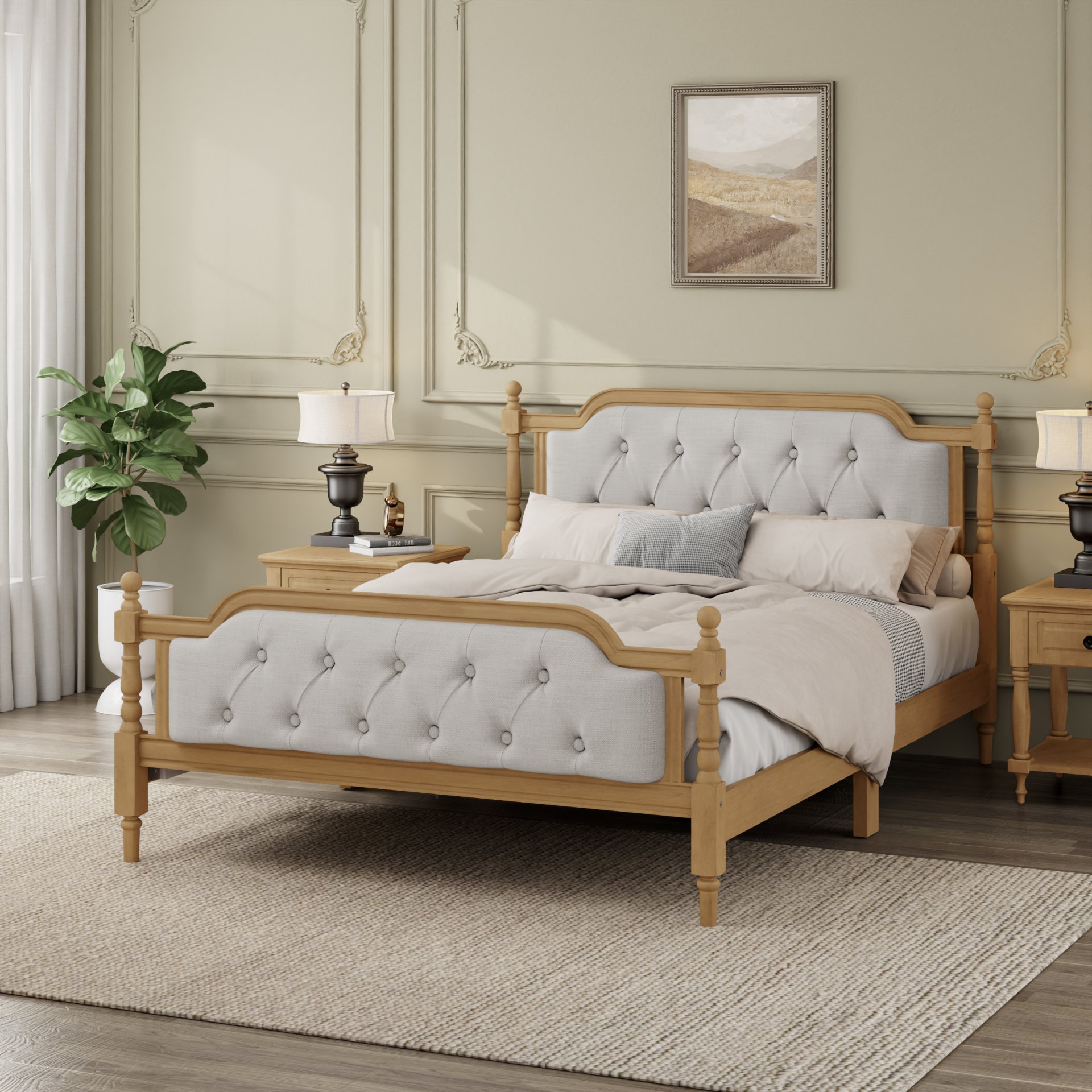 Full Size Traditional Style Solid Bed Frame With Upholstered Tufted Headboard, No Box Spring Needed - Antique Walnut - Image 10