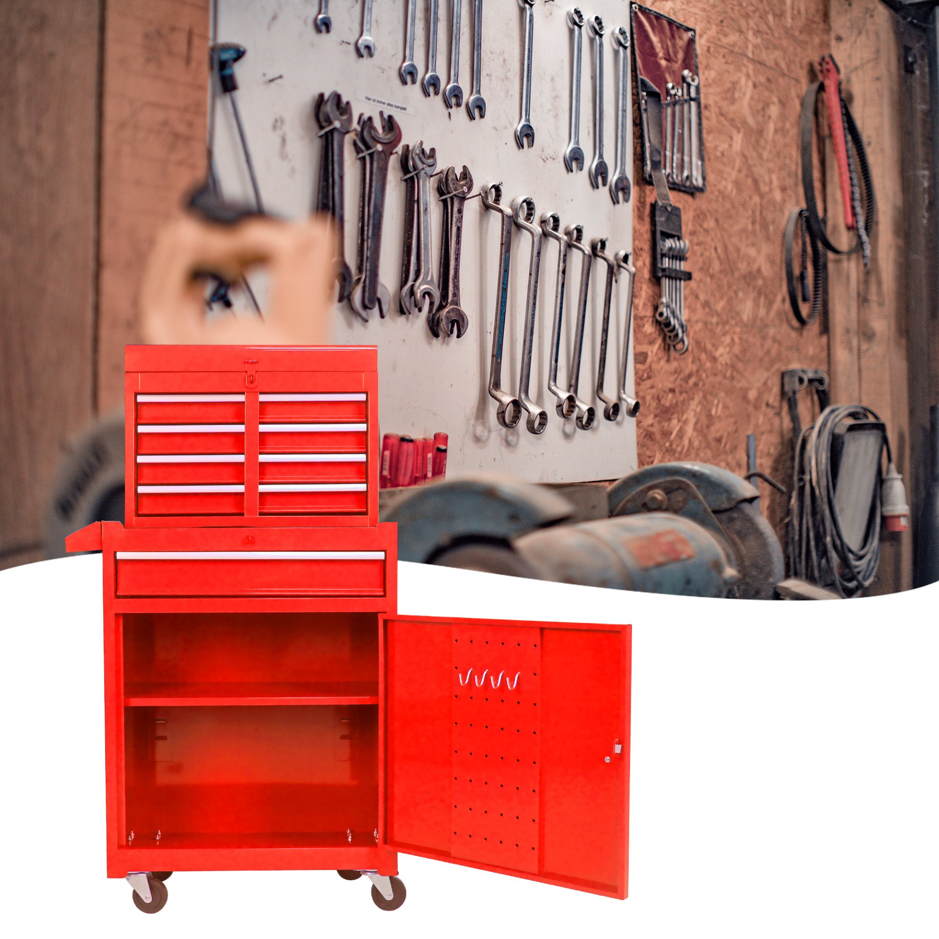 Rolling Tool Chest, 5 Drawer Tool Box Organizer With Lockable Wheels & Sliding Drawers & Detachable Top & Adjustable Shelf, Tool Storage Cabinet For Garage Workshop - Red - Image 16