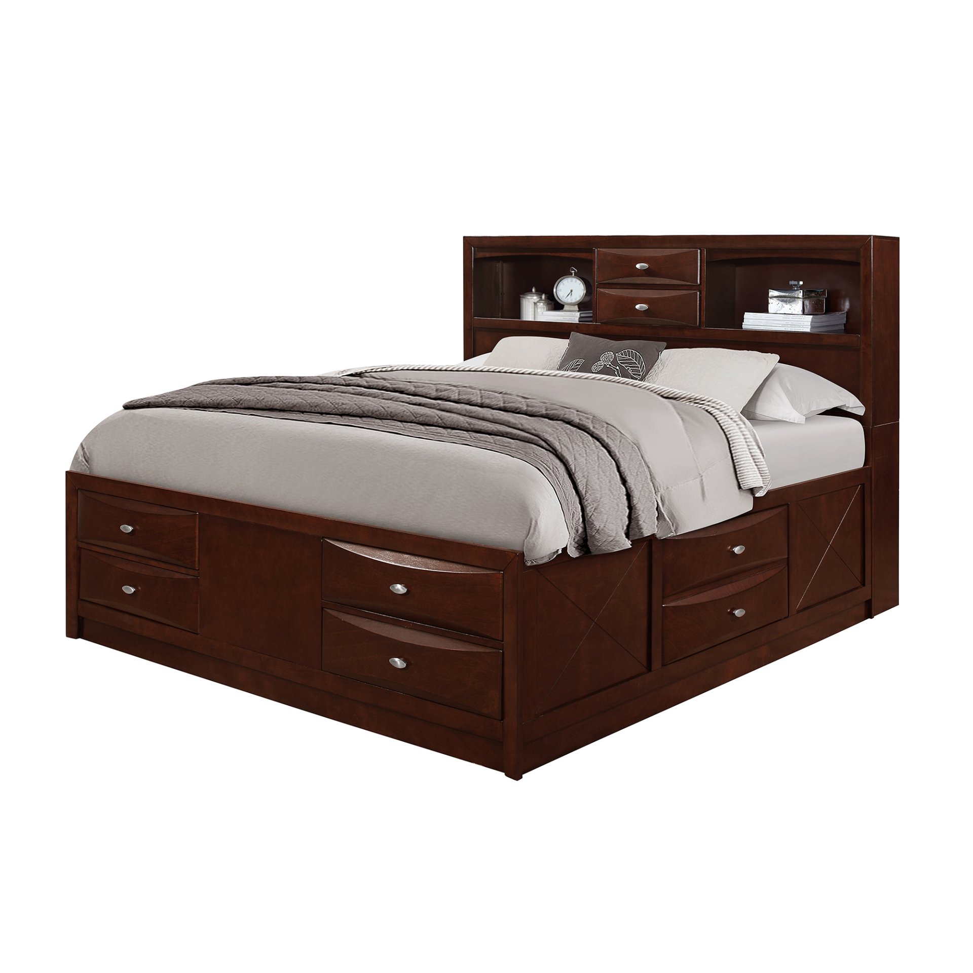 Lucille - Full Bed With Storage Drawers Bookcase Headboard - Walnut - Image 6