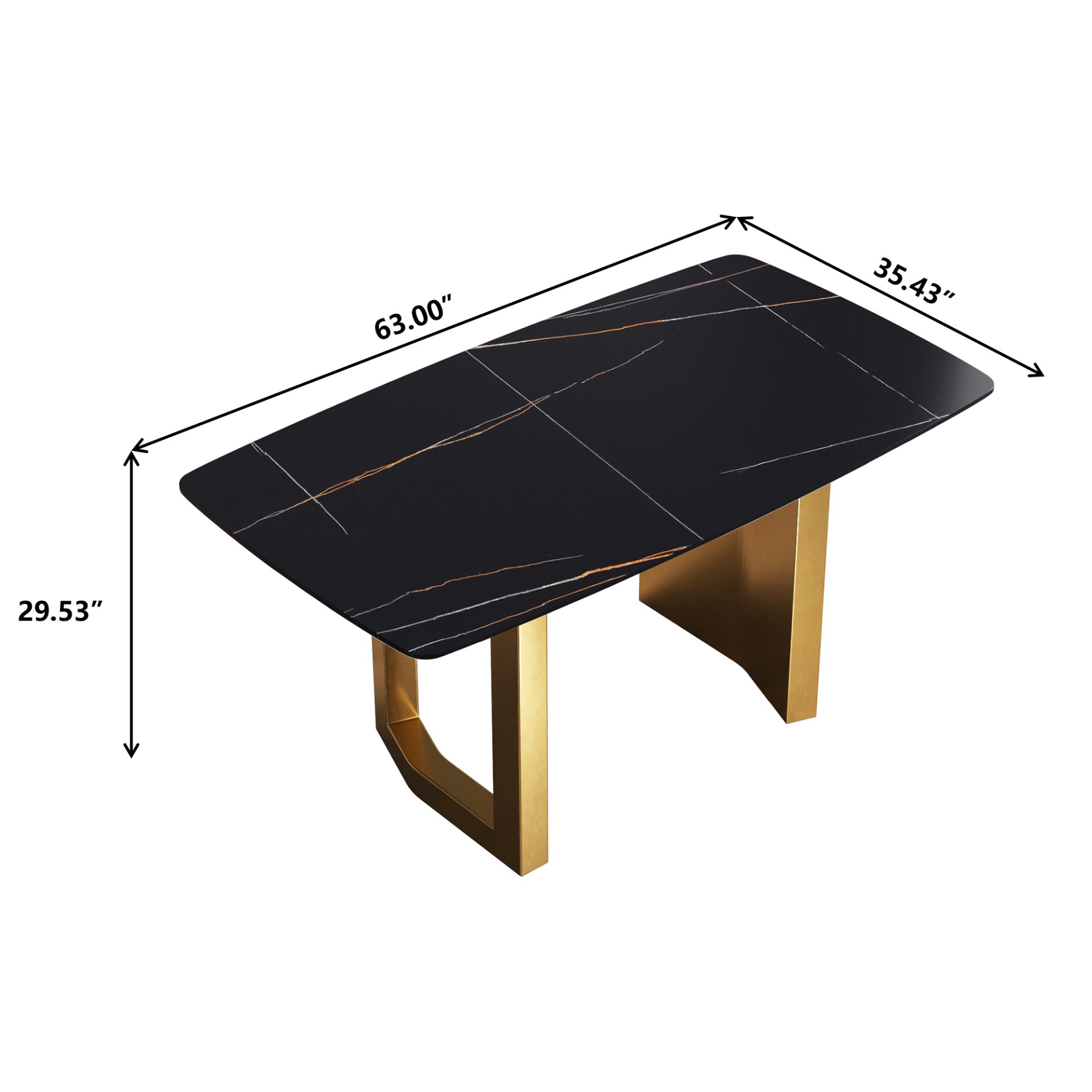 63" Artificial Stone Curved Golden Metal Leg Dining Table, 6 People - Black / Gold - Image 3