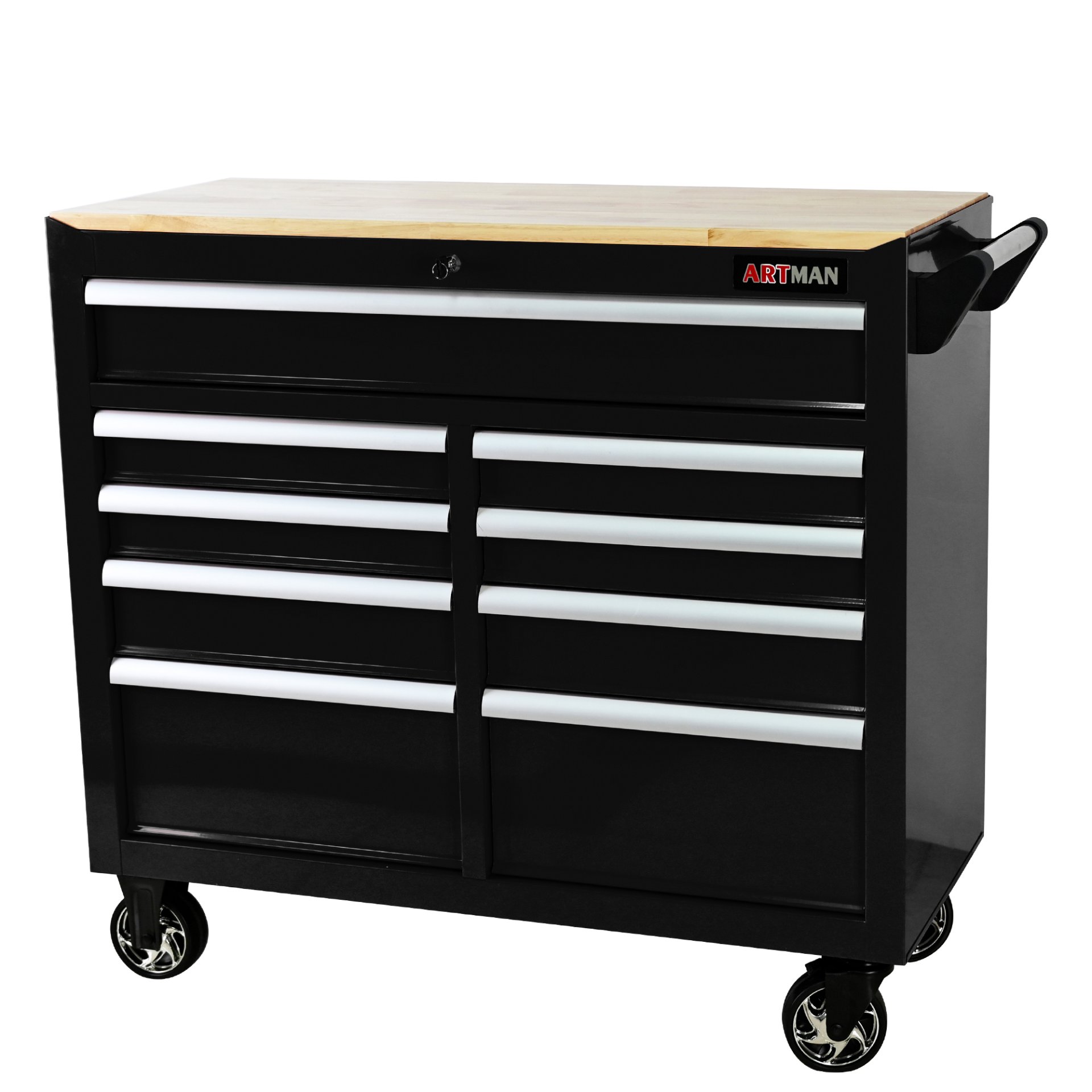 9 Drawer Multifunctional Steel Tool Cart With Wheels And Wooden Top - Black - Image 4