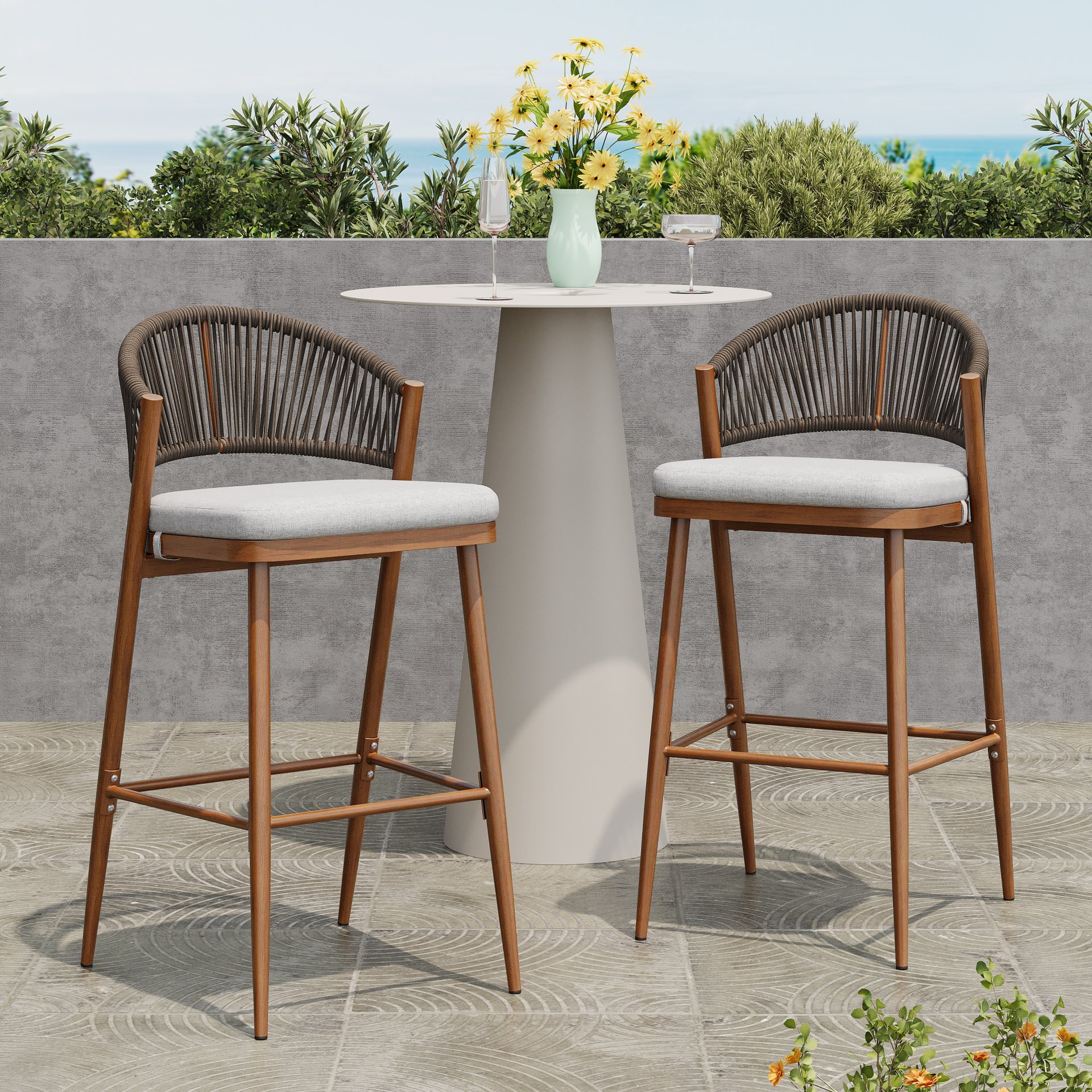 Outdoor Bar Height Aluminum Frame Counter Stools With Scallop Shaped Backrest & Water Resistant Cushions (Set of 2) - Teak - Image 2