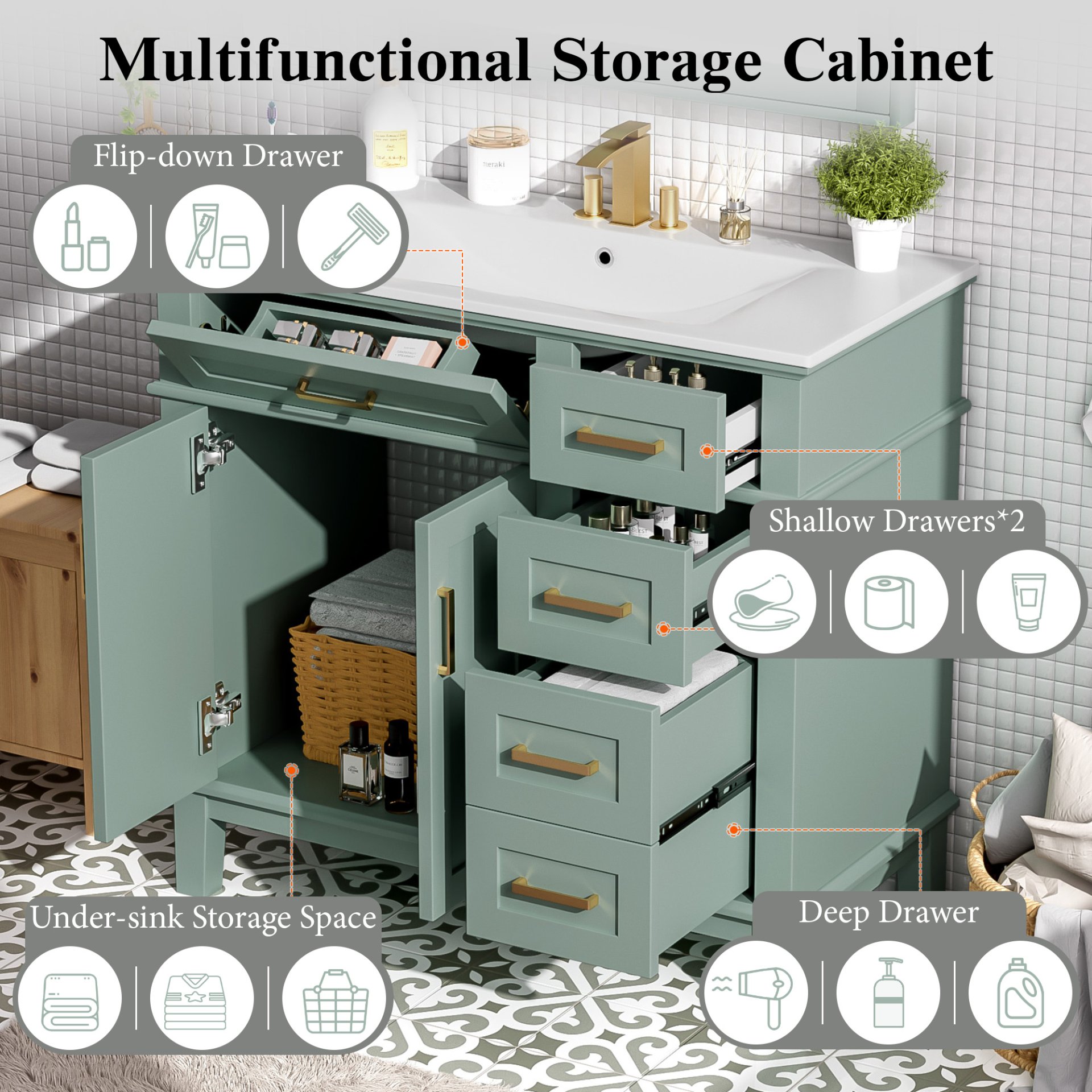 36" Bathroom Vanity With Sink, Soft Close Doors, And Storage Drawers - Green - Image 8