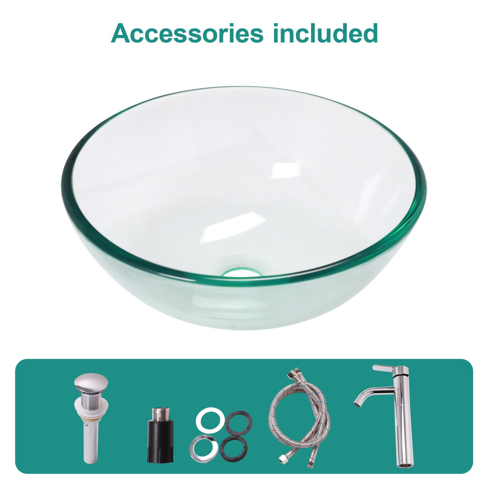 Vessel Sink With Chrome Faucet And Pop Up Drain - Clear - Image 9