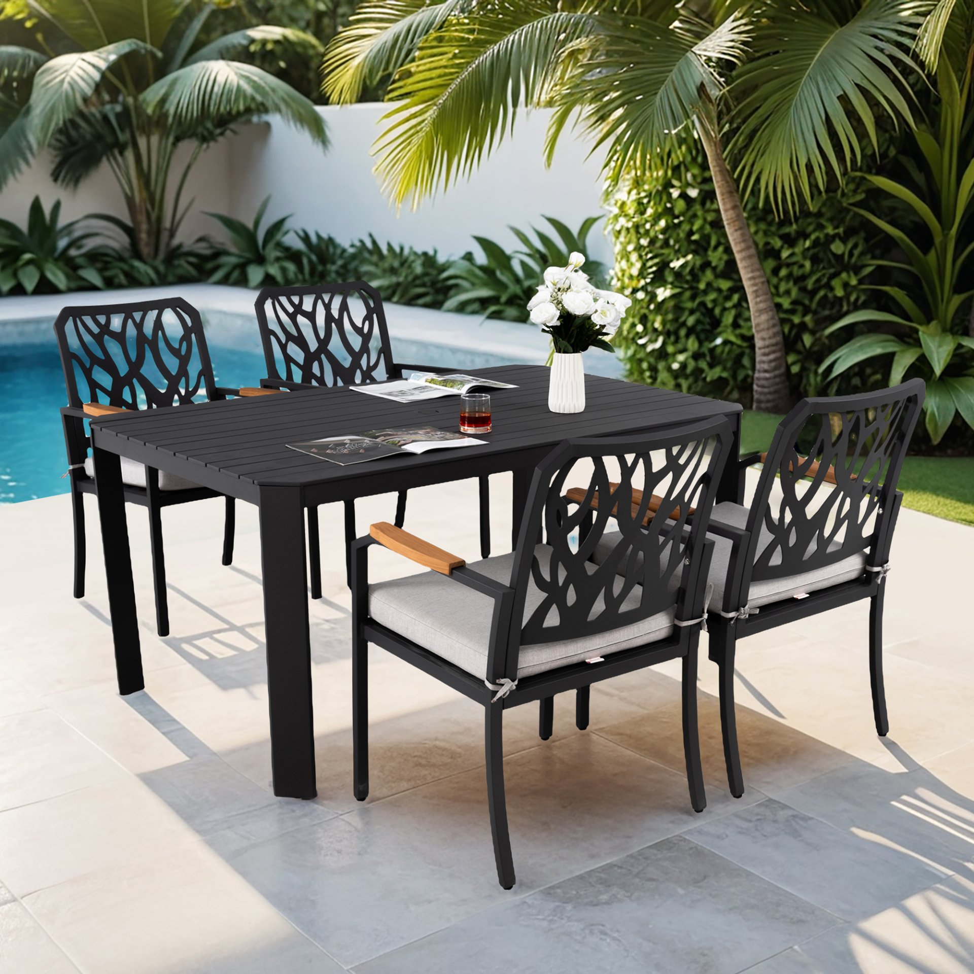 5 Pieces Outdoor Patio Aluminum Furniture Set, Rectangular Table With Umbrella Hole - Bourbon Brown - Image 3
