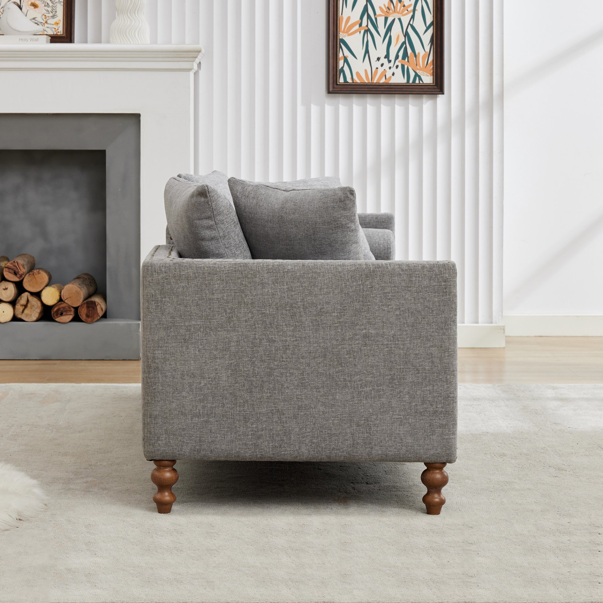 Chenille Upholstered Chaise Lounge With Nailheads And Rubberwood Legs, Wide Sleeper Sofa With 4 Throw Pillows & 2 Bolsters - Gray - Image 11