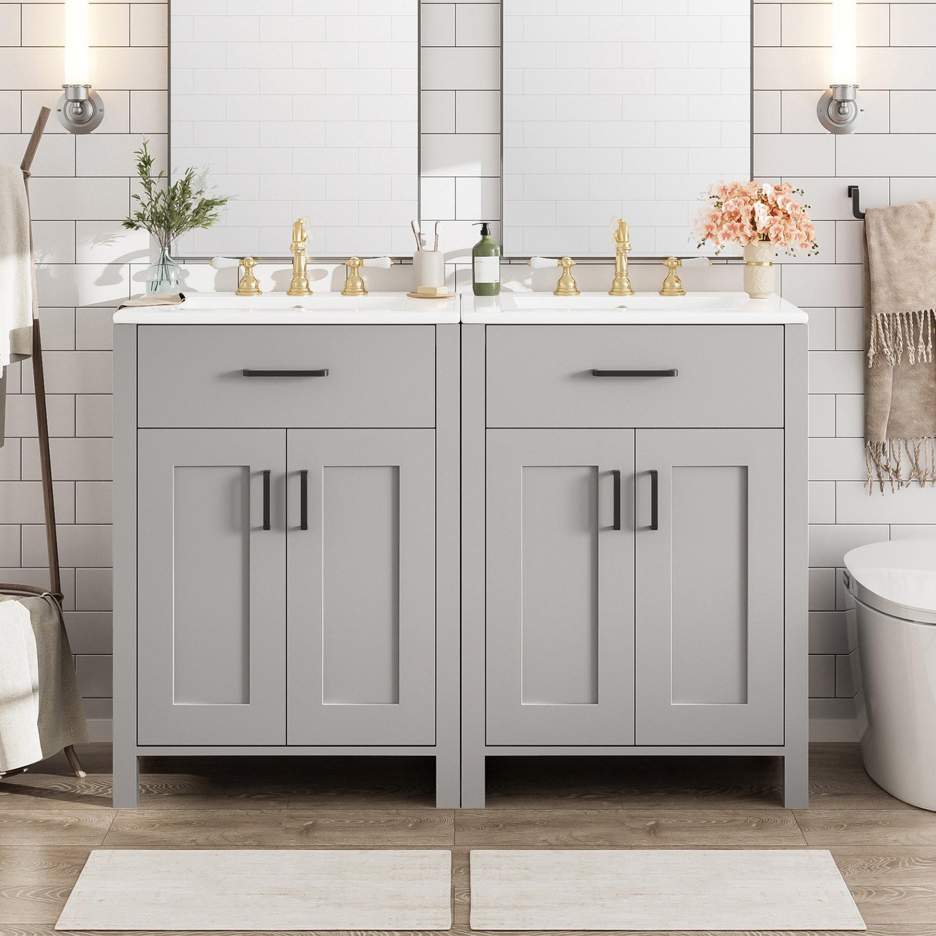 Bathroom Vanity With Sink, Soft Close Doors, Flip Drawer, Double Layer Door Shelves - Grey - Image 2