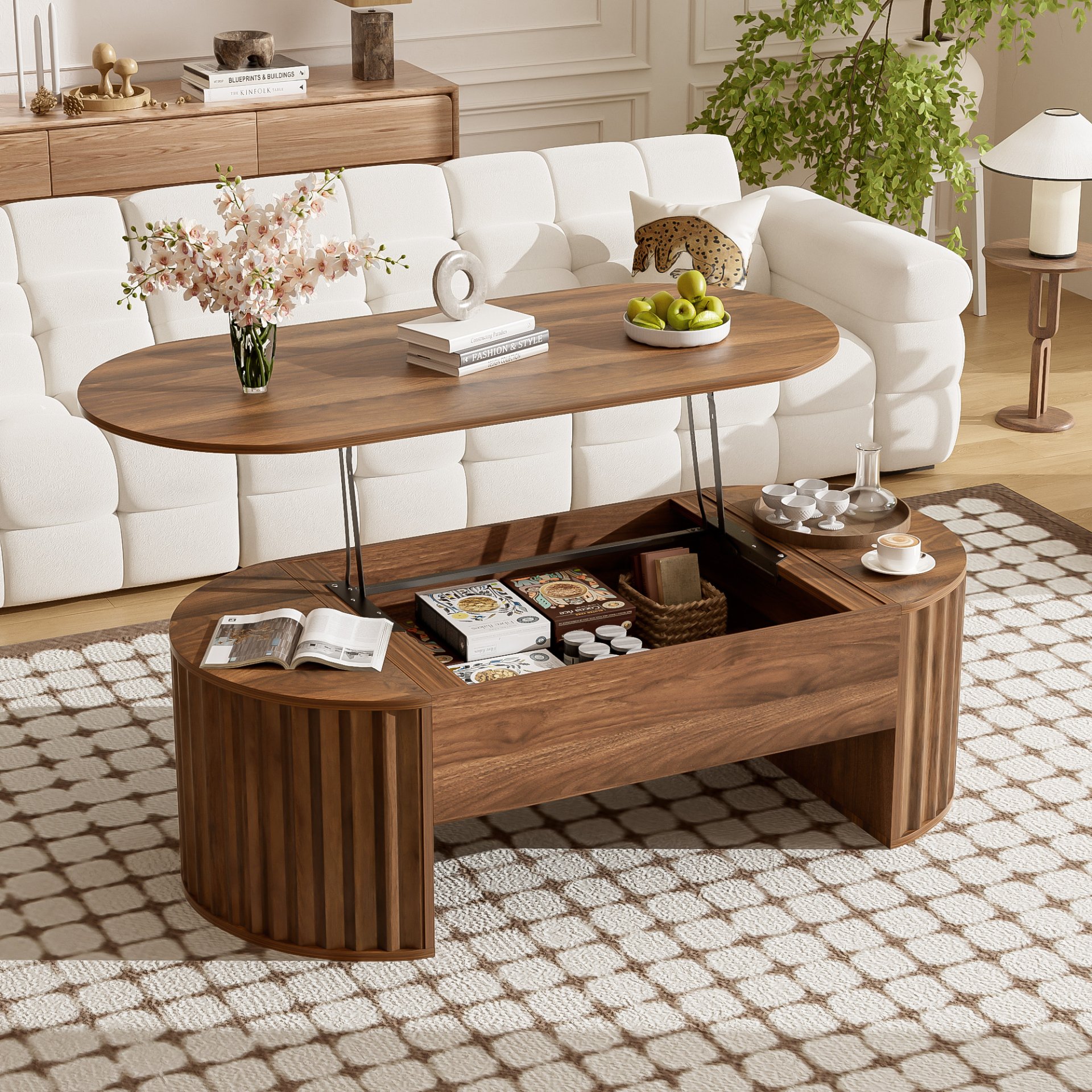 Lift Top Coffee Table With Hidden Compartment, Modern Oval Lift Tabletop For Home Living Room - Brown - Image 2