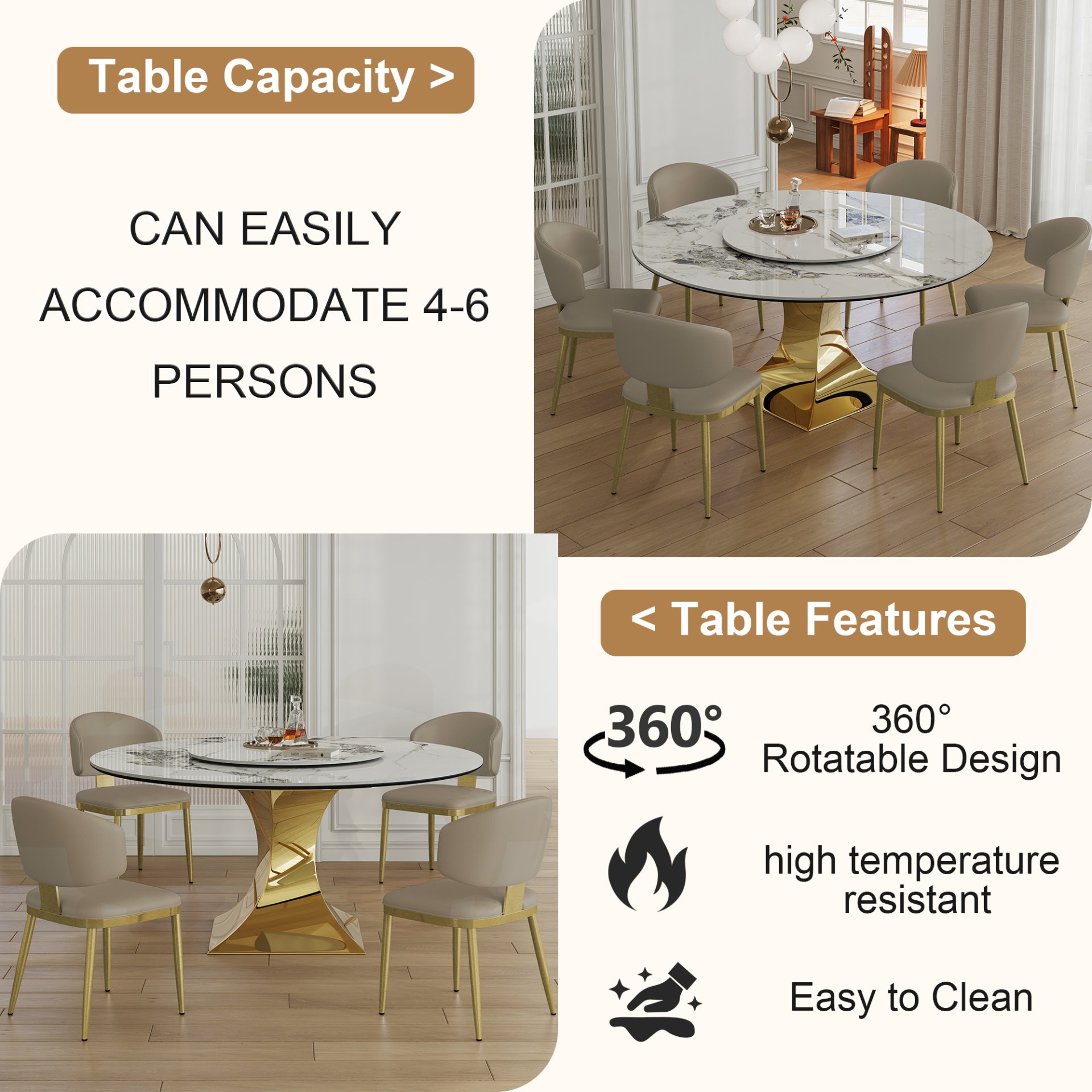 Luxury Round 59" Sintered Stone Dining Table With Stainless Steel Hourglass Base, Scratch & Heat Resistant Surface - Golden / White - Image 5