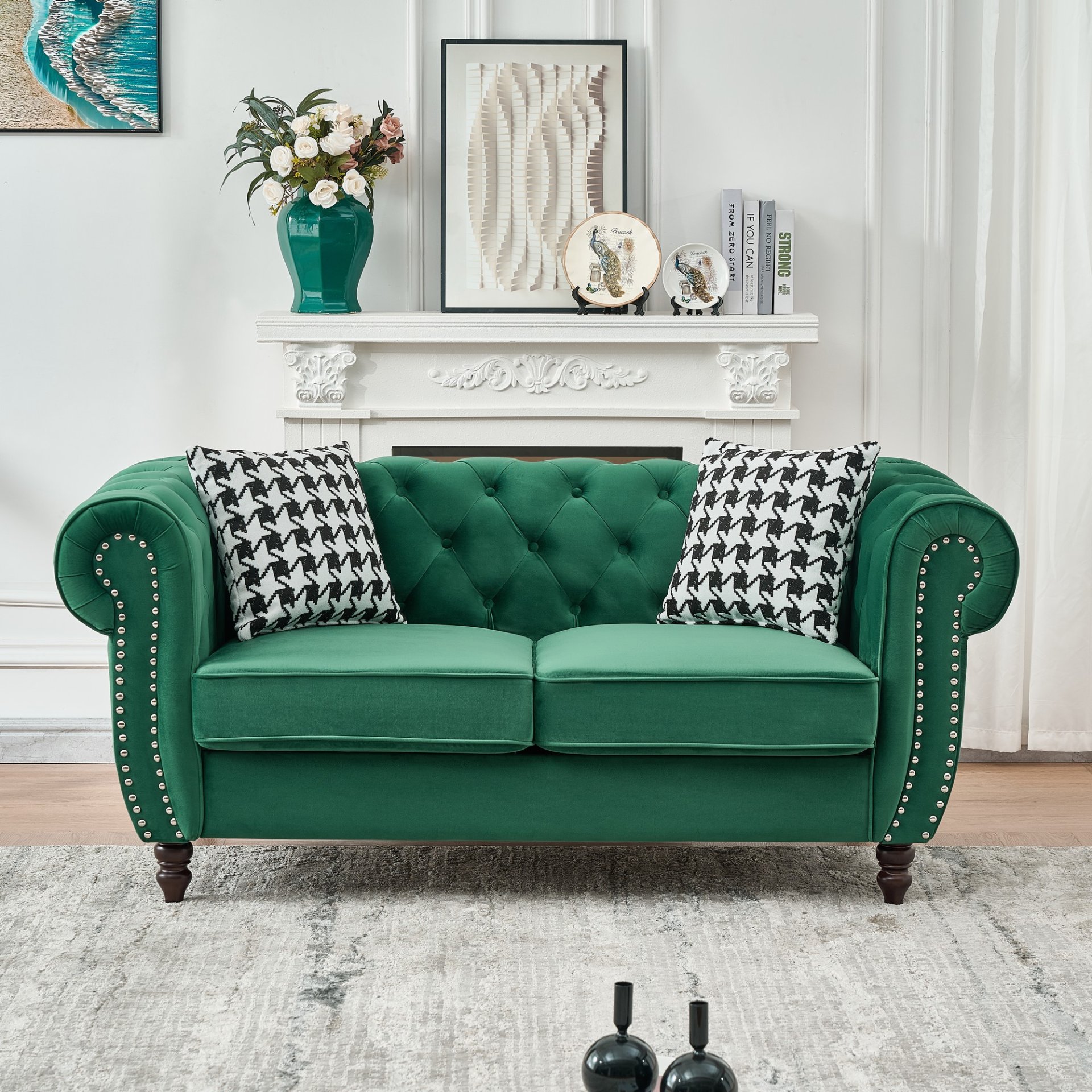 Chesterfield Sofa With Roll Armrest And Nailhead, 2 Seater Couch - Green - Image 2