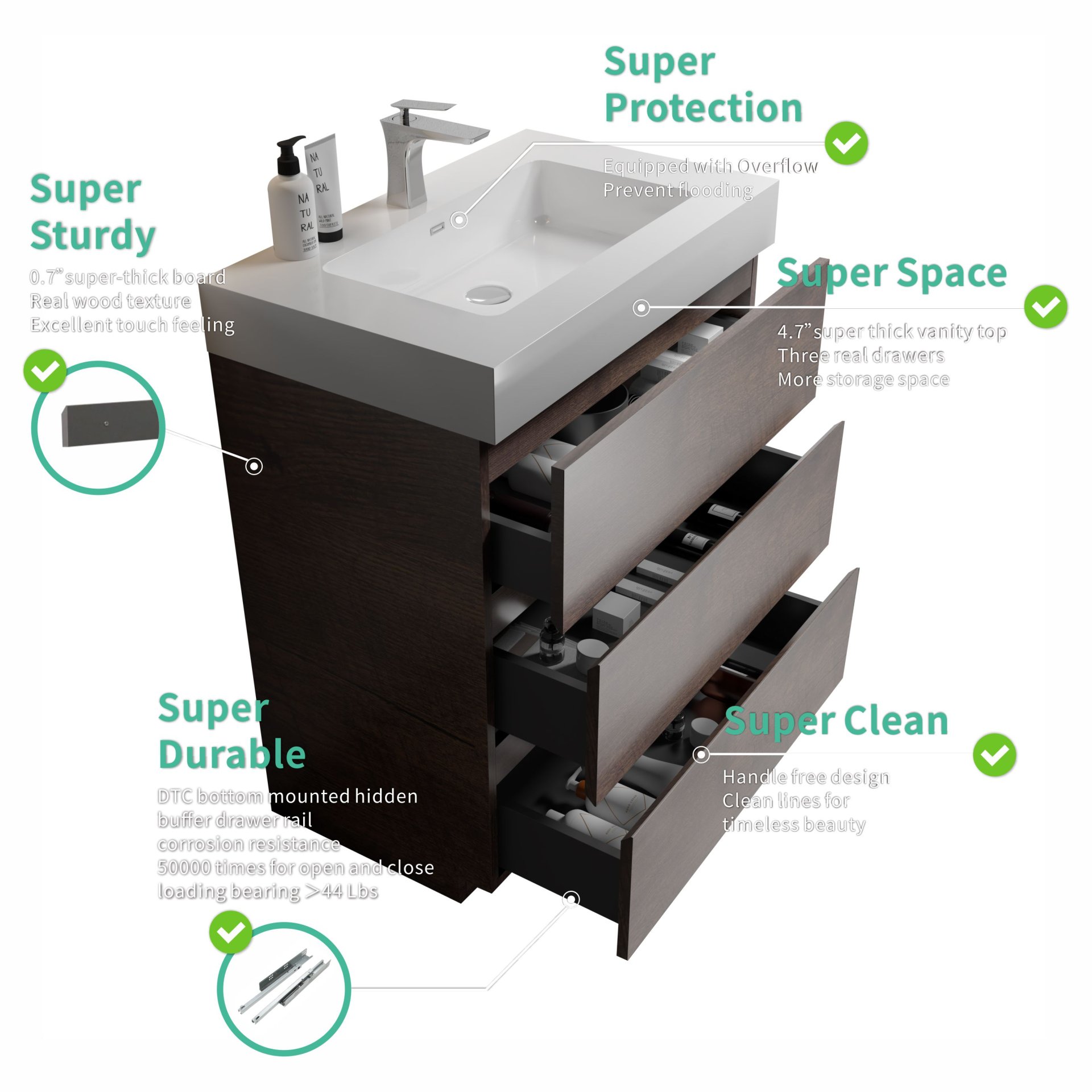 Alice - 30" Bathroom Vanity With Sink, Large Storage Freestanding Bathroom Vanity For Modern Bathroom, One-Piece Sink Basin Without Drain And Faucet - White / Walnut - Image 7