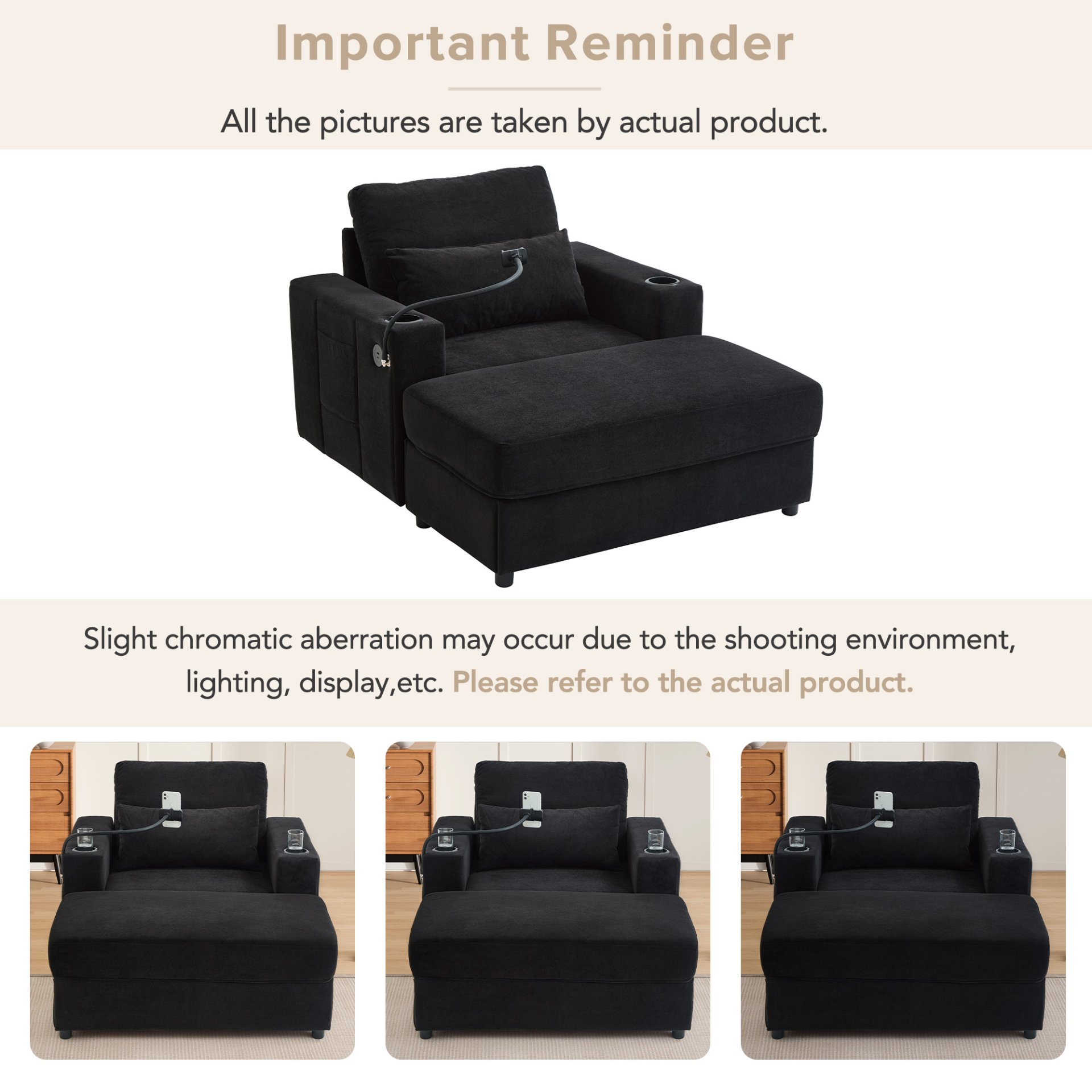 Modern Style Armchair Chaise Lounge Sofa Couch With Movable Storage Ottoman, USB Ports, Cup Holders & Side Pockets Chenille - Black - Image 8