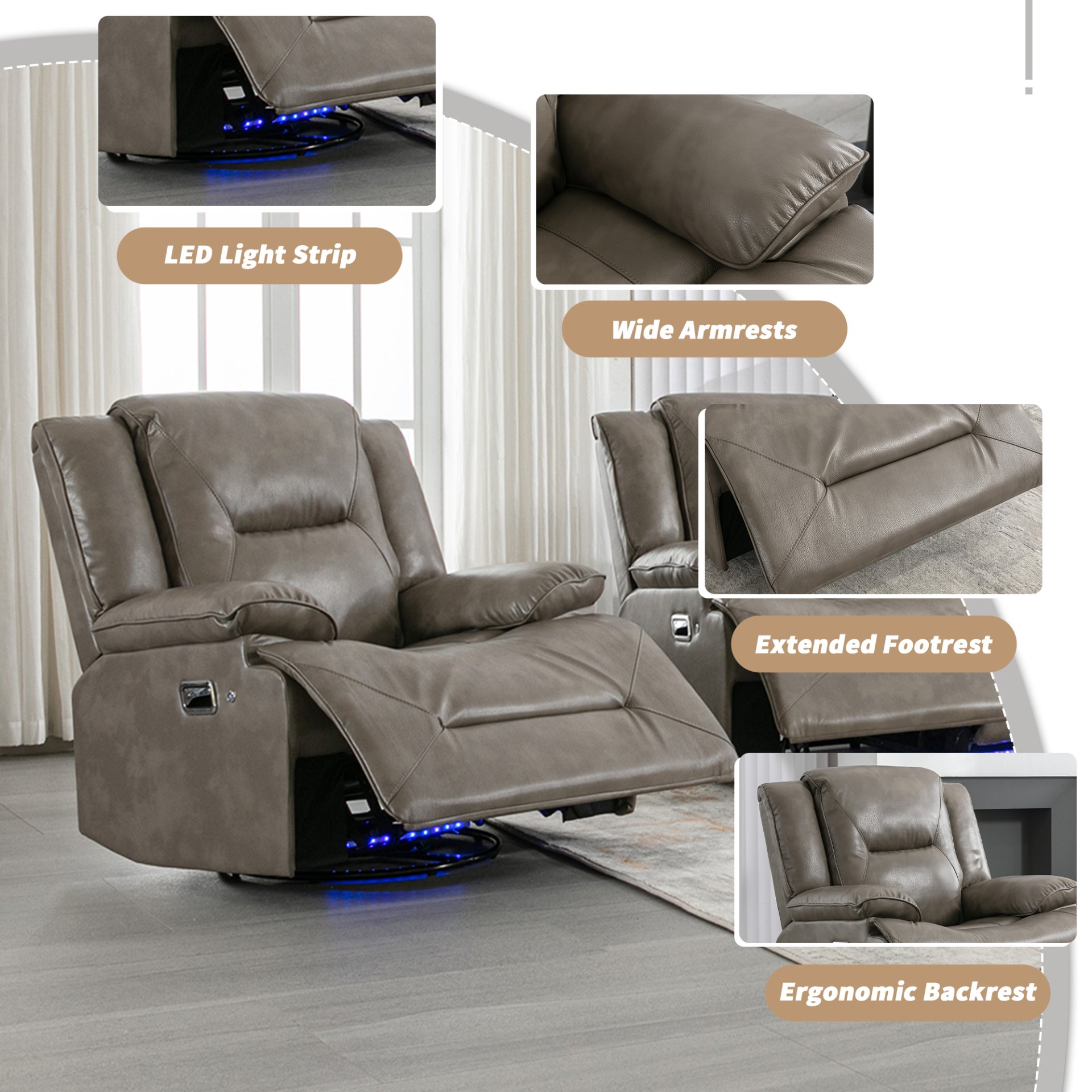 3 Seater Home Theater Recliner Manual Recliner Chair With A Led Light Strip Two Built-In Cup Holders For Living Room - Gray - Image 5