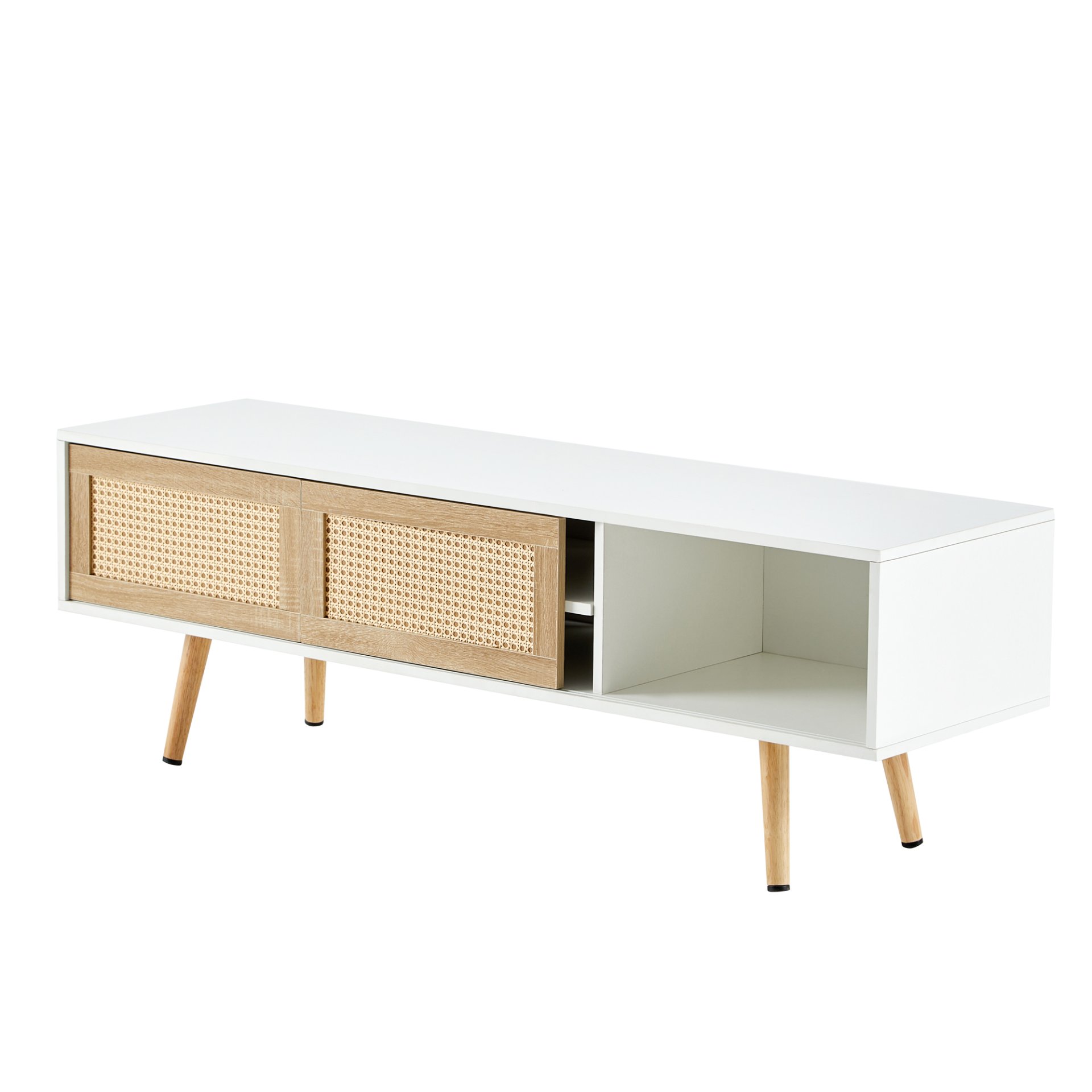 55.12" Rattan TV Cabinet, Double Sliding Doors For Storage, Adjustable Shelf, Solid Wood Legs, TV Console For Living Room - White - Image 9