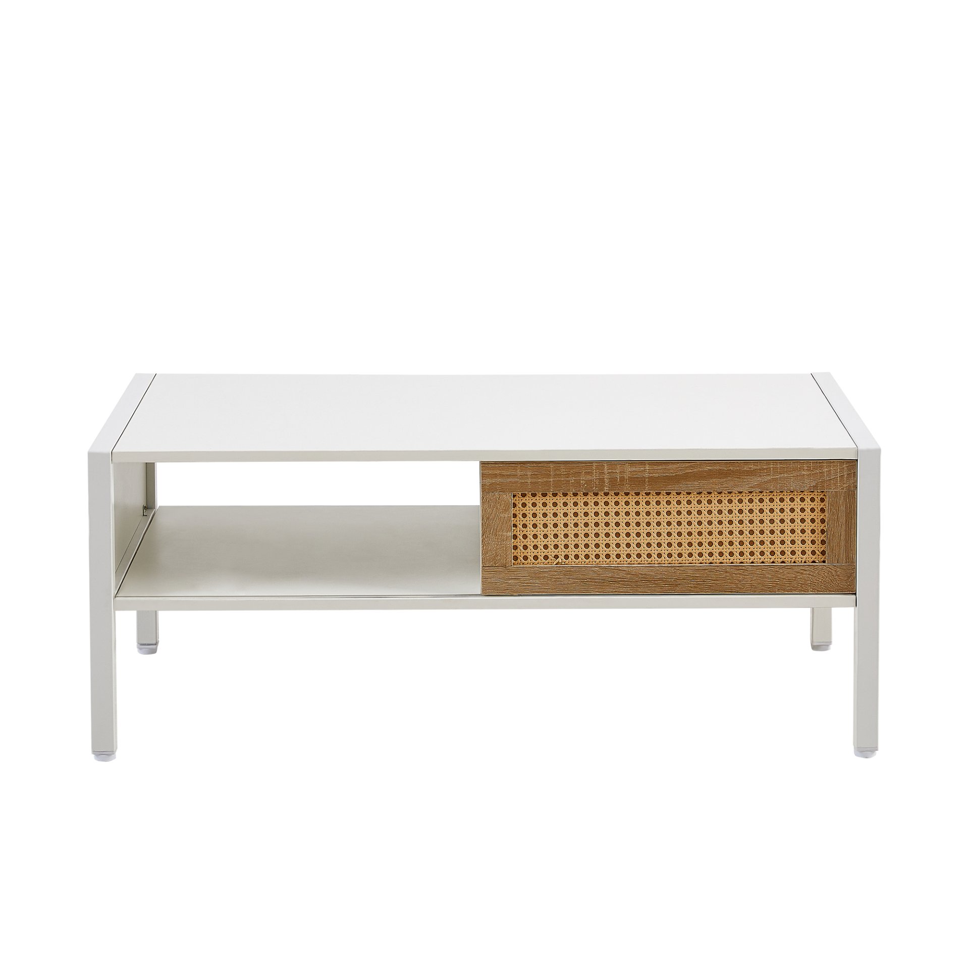 40.16" Rattan Coffee Table, Sliding Door For Storage, Metal Legs, Modern Table For Living Room - White - Image 8
