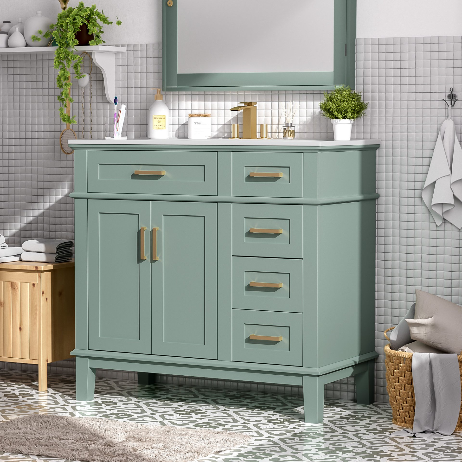 36" Bathroom Vanity With Sink, Soft Close Doors, And Storage Drawers - Green - Image 5