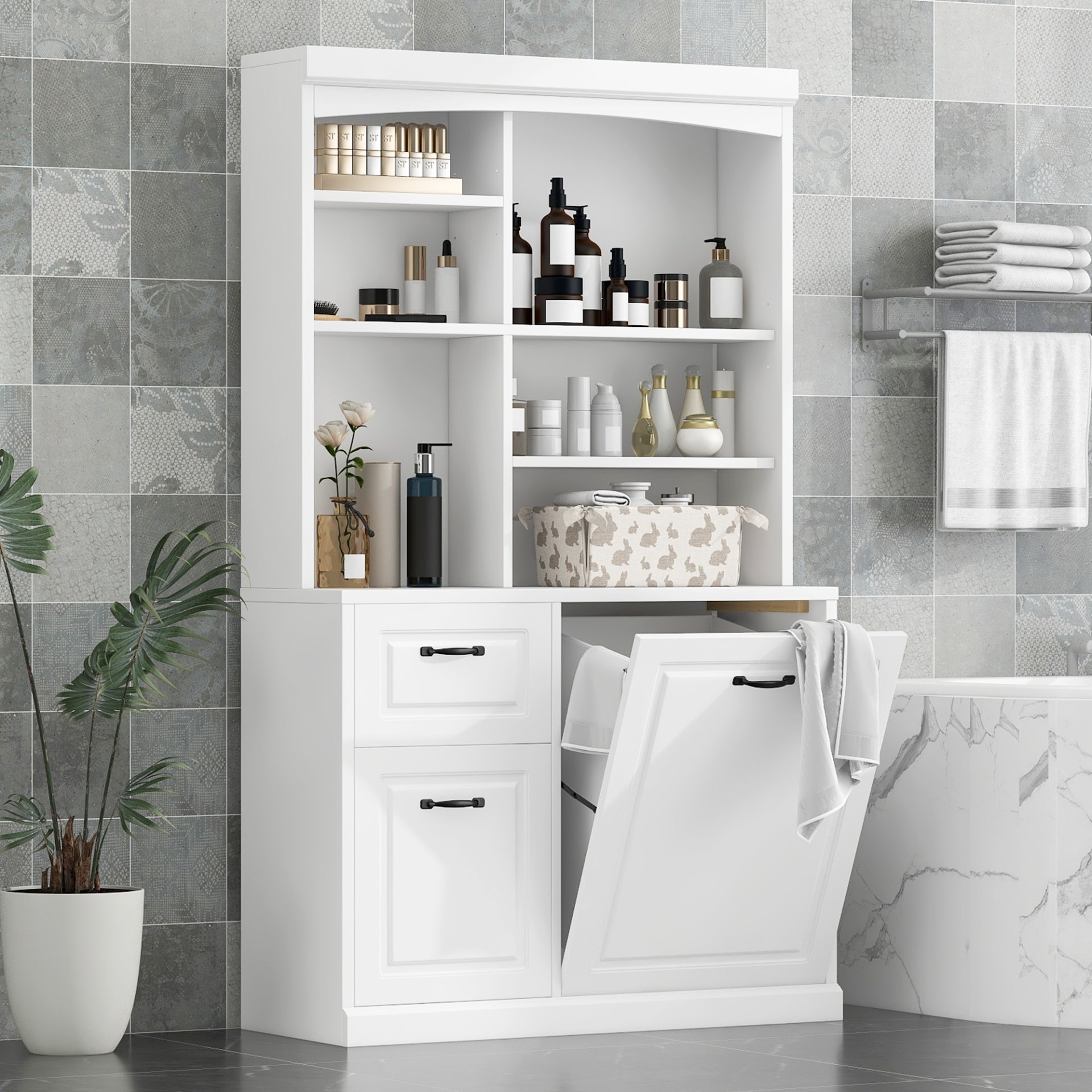 Bathroom Storage Cabinet With Tilt Out Hamper, Tall Free Standing Organizer With Drawers & Adjustable Shelves, Linen Tower With Steel Handles - White - Image 5