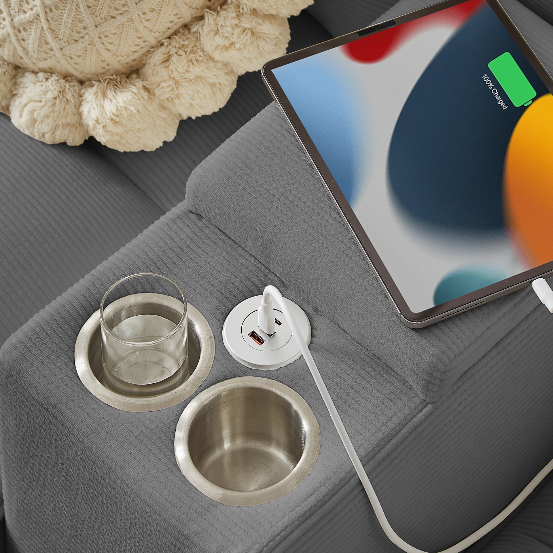 U Shaped Sectional Sofa Bed With Storage, 4 Seater, Features Cup Holders And Soft Foam Cushions - Gray - Image 8