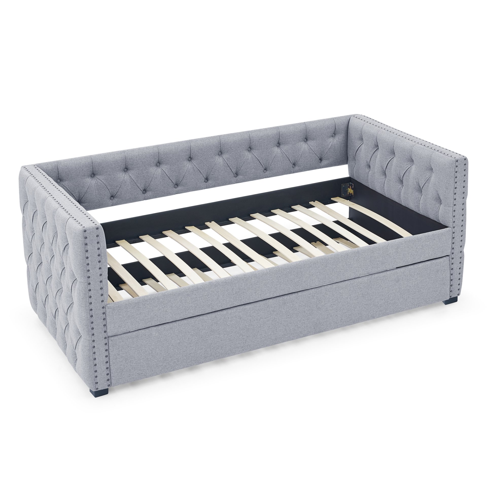 Mid Century Inspired Upholstered Twin Size Daybed With Trundle Button Tufted Linen - Gray - Image 6