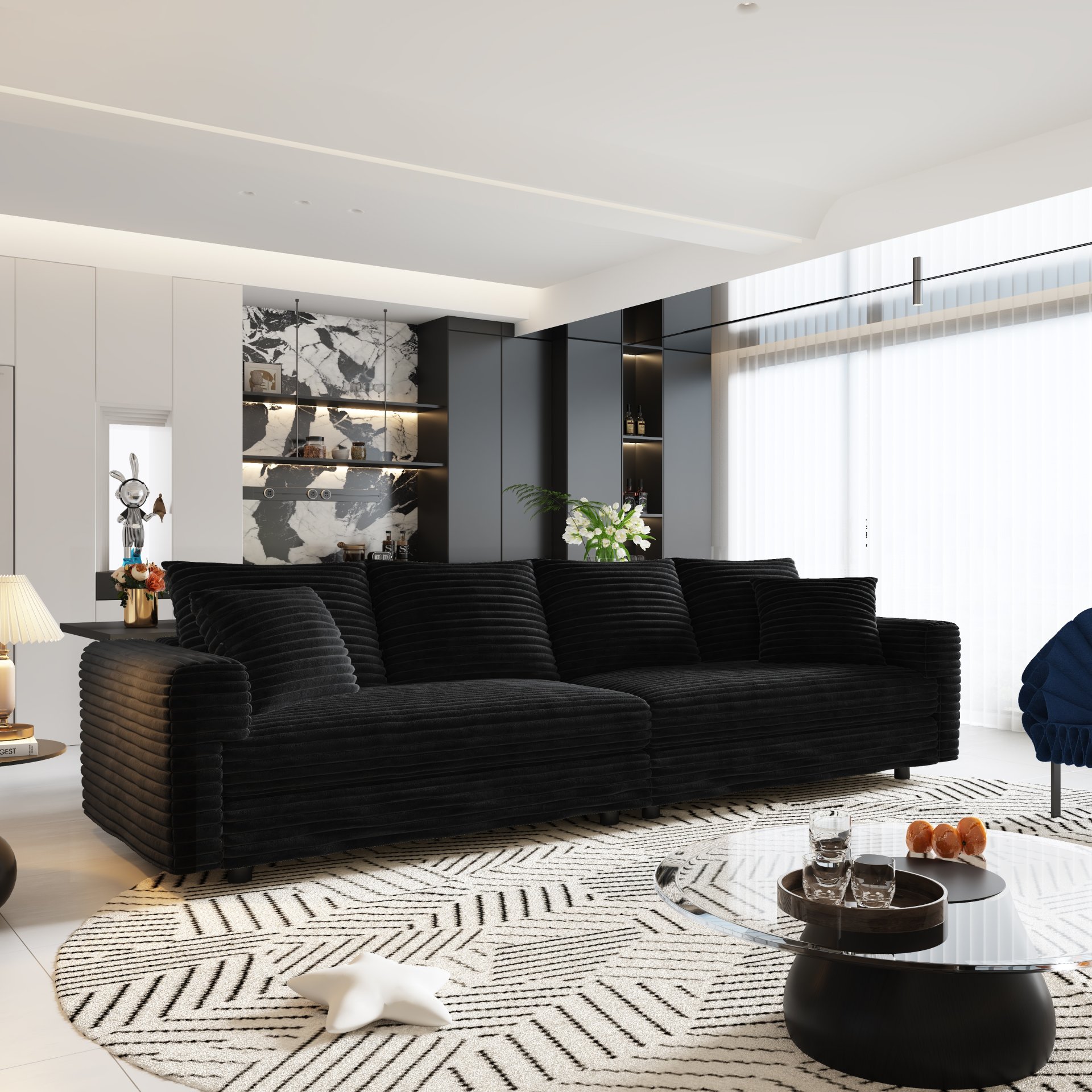 4 Seat Sofa, Deep Seat Couches With Soft Pillows And Movable Ottoman, Convertible Sofa Lounge Chair, For Living Room - Black - Image 6