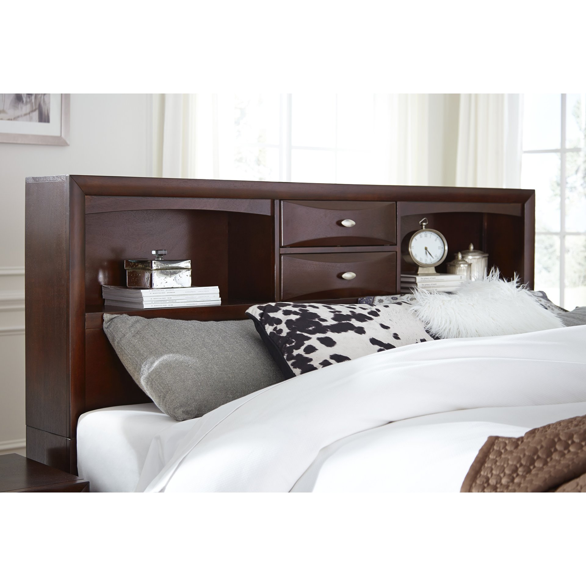 Lucille - Full Bed With Storage Drawers Bookcase Headboard - Walnut - Image 7