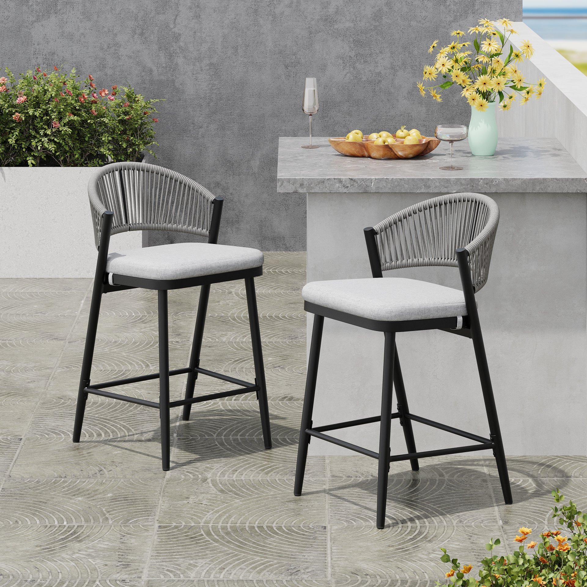 Outdoor Counter Height Metal Frame Counter Stools With Scallop Shaped Backrest & Water Resistant Cushions (Set of 2) - Matte Black - Image 4