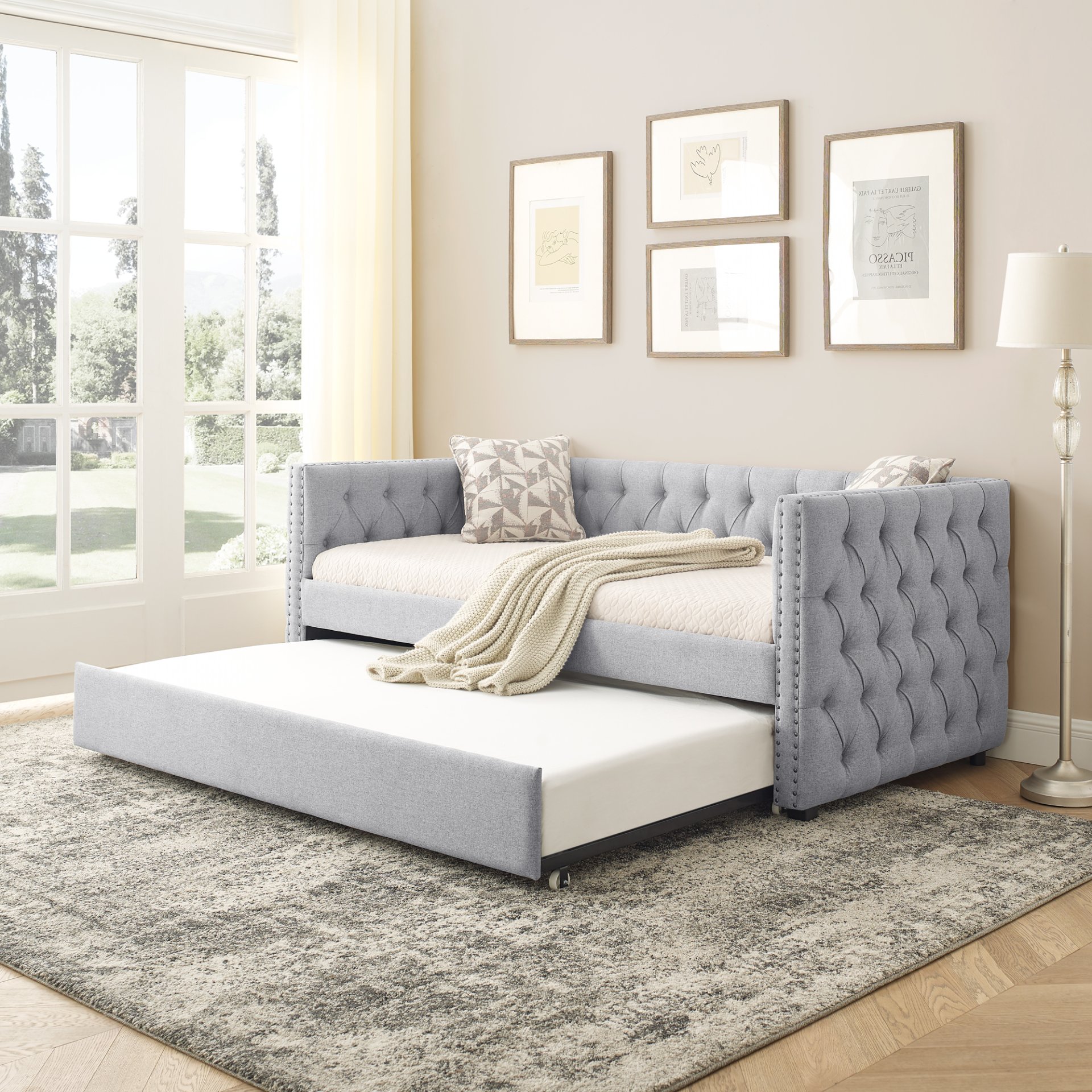 Mid Century Inspired Upholstered Twin Size Daybed With Trundle Button Tufted Linen - Gray - Image 2