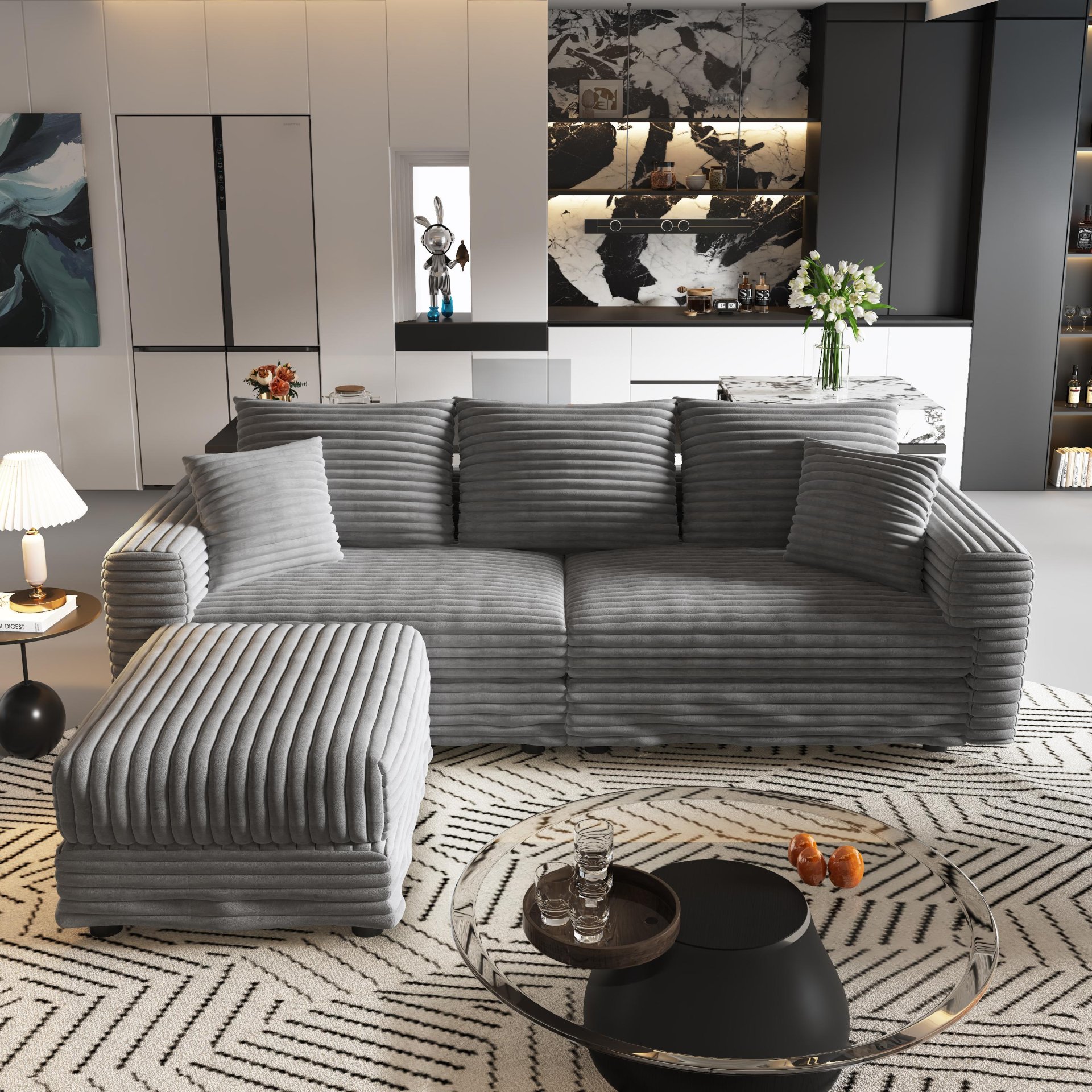 3 Seat Sofa, Deep Seat Couches With Soft Pillows And 3 Ottomans, Convertible Sofa Lounge Chair, For Living Room - Gray - Image 13