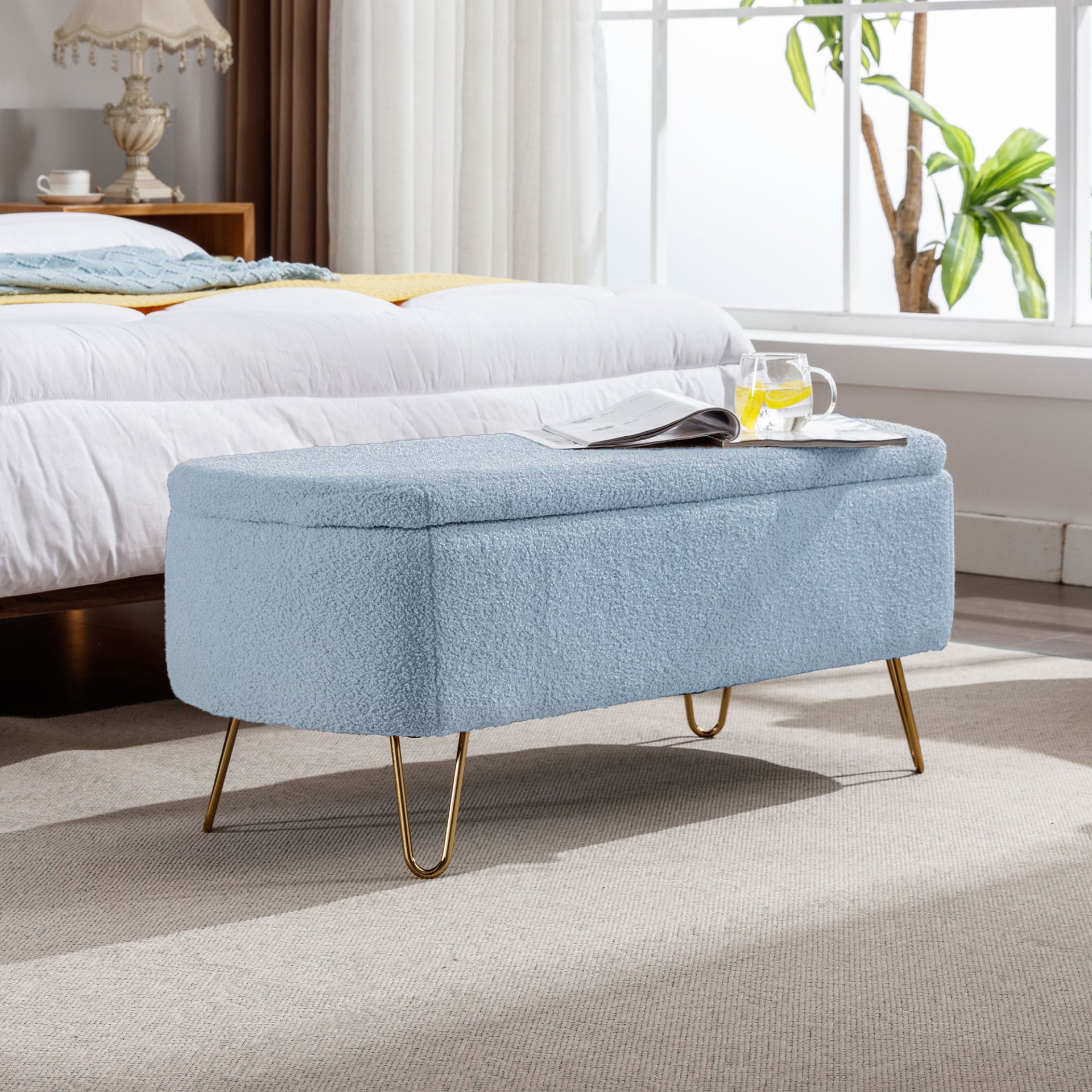 Storage Ottoman Bench For End Of Bed Gold Legs, Modern Gray Faux Fur Entryway Bench Upholstered Padded With Storage For Living Room Bedroom - Blue - Image 5