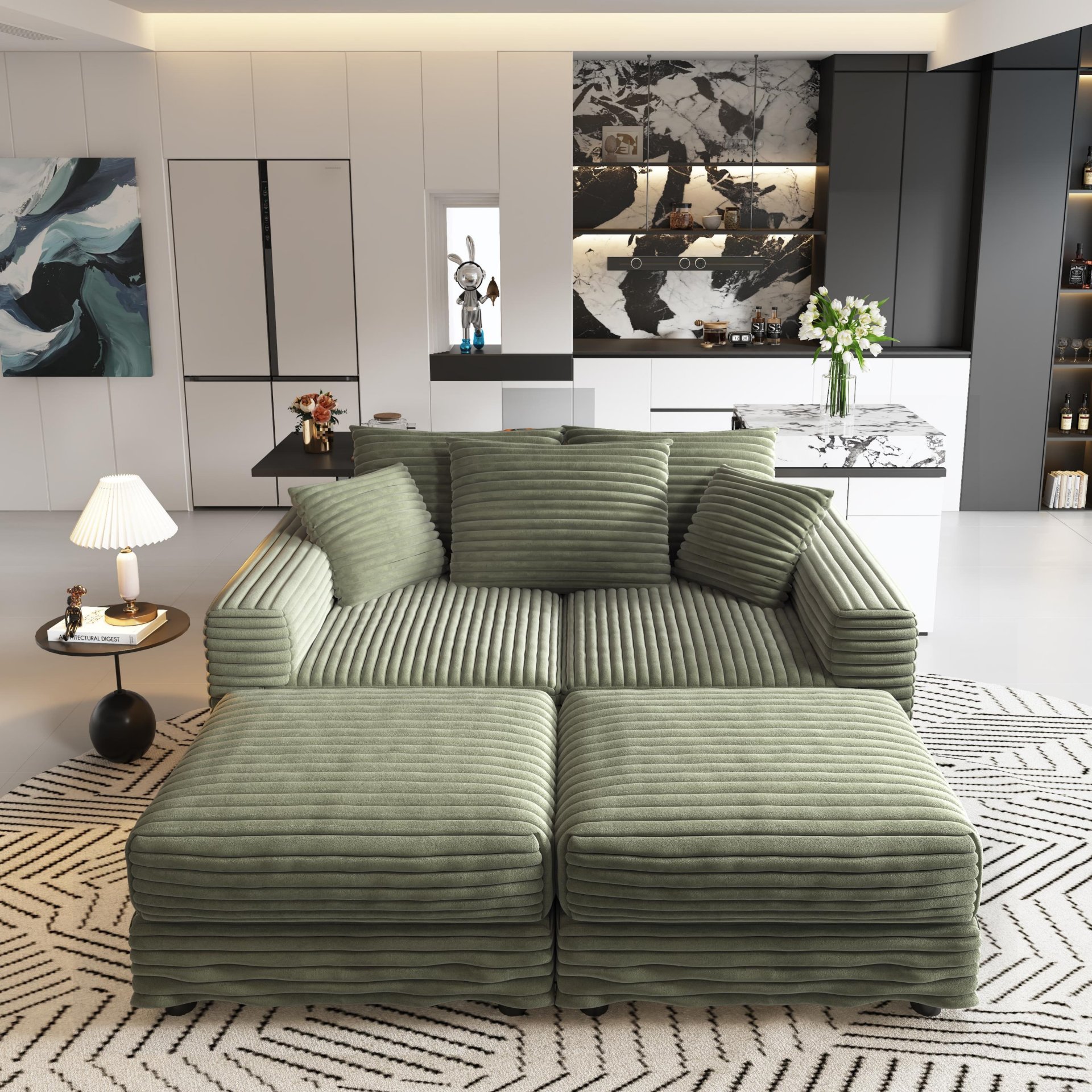 3 Seat Sofa, Deep Seat Couches With Soft Pillows And 2 Ottomans, Convertible Sofa Lounge Chair, For Living Room - Green - Image 19
