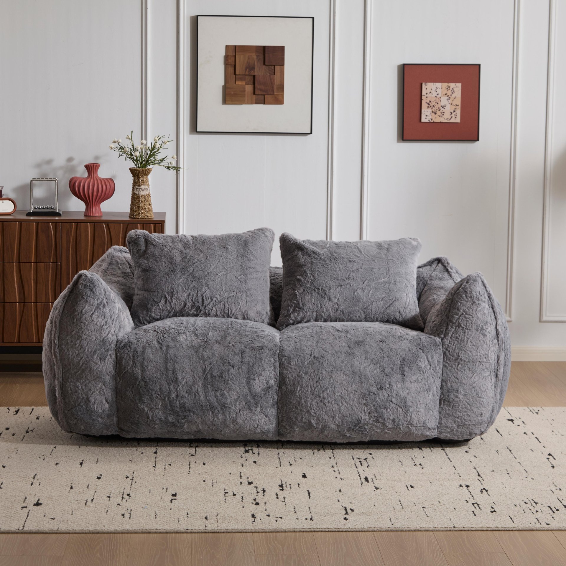 Giant Bean Bag Couch, Ultra Soft Fluffy Loveseat For Living Room Reading Chair With Pillows - Gray - Image 9