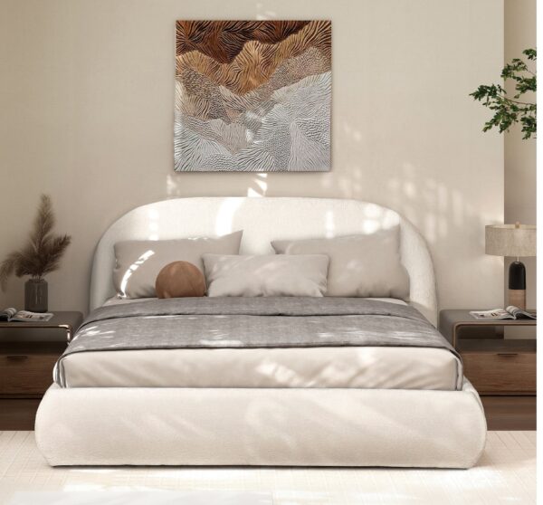 Archie Puffy Grounded - Queen Upholstered Platform Bed - Almond White