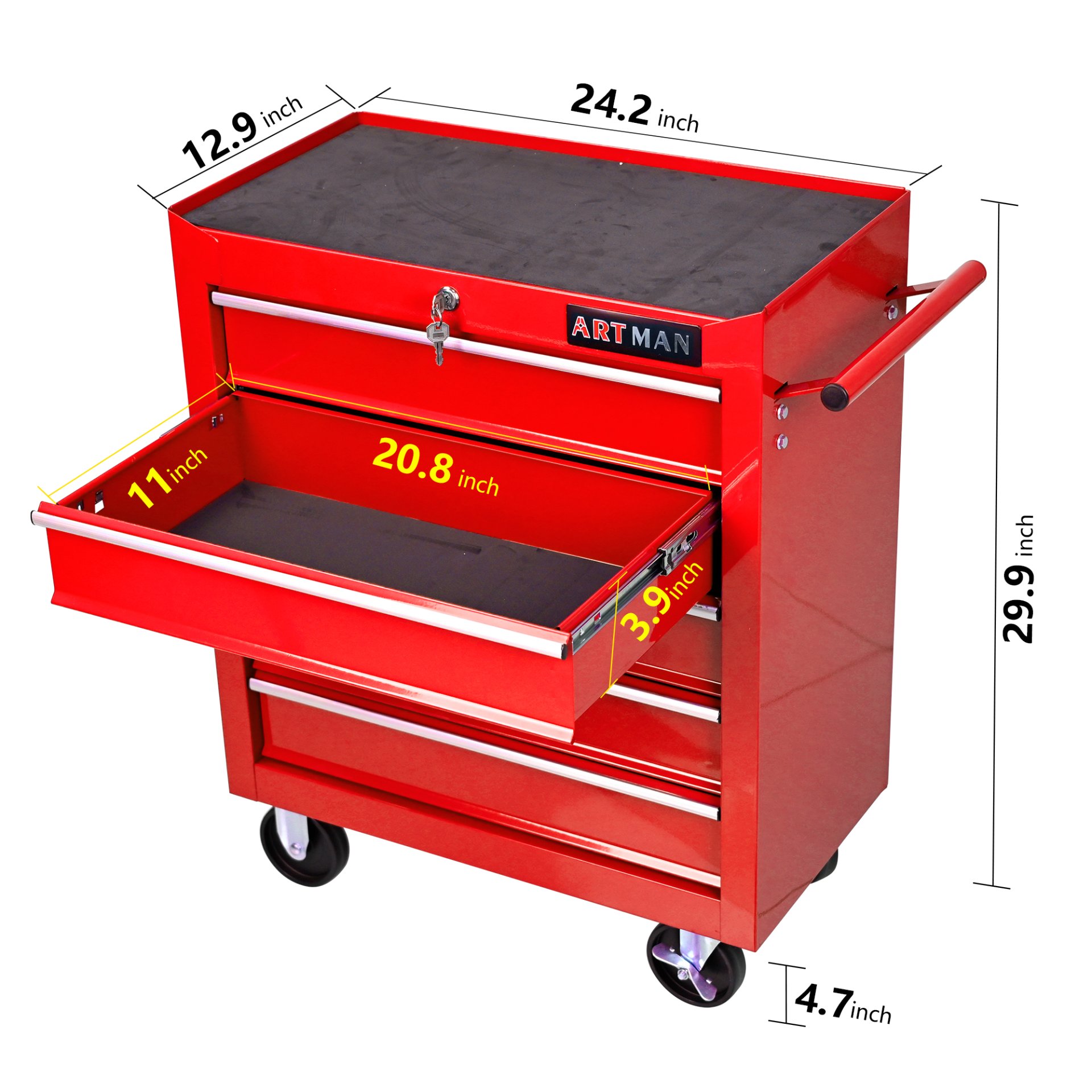 5 Drawers Multifunctional Tool Cart With Wheels - Red - Image 3