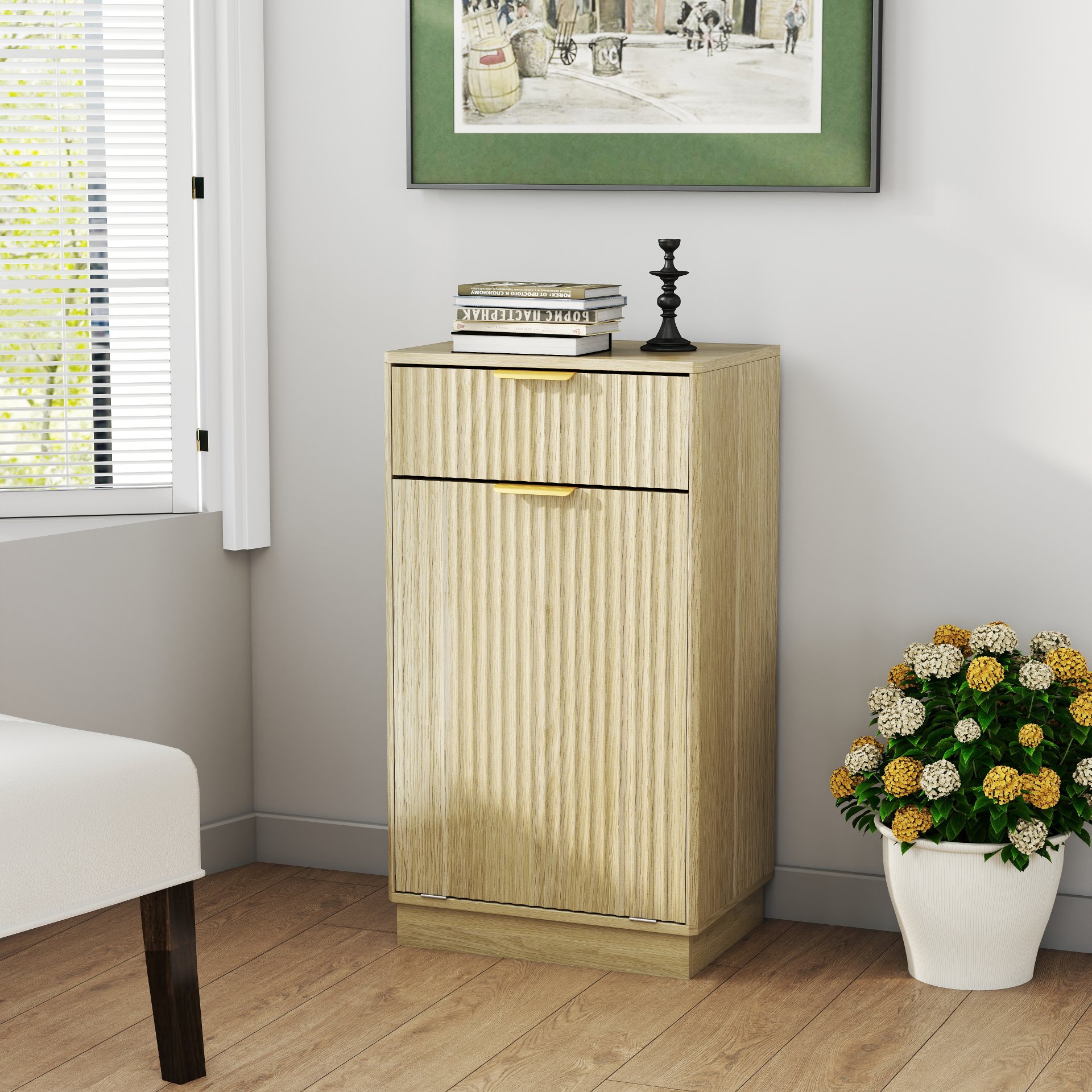 10 Gallon Tilt Out Trash Can Cabinet With Wave Textured Drawer - Oak - Image 10