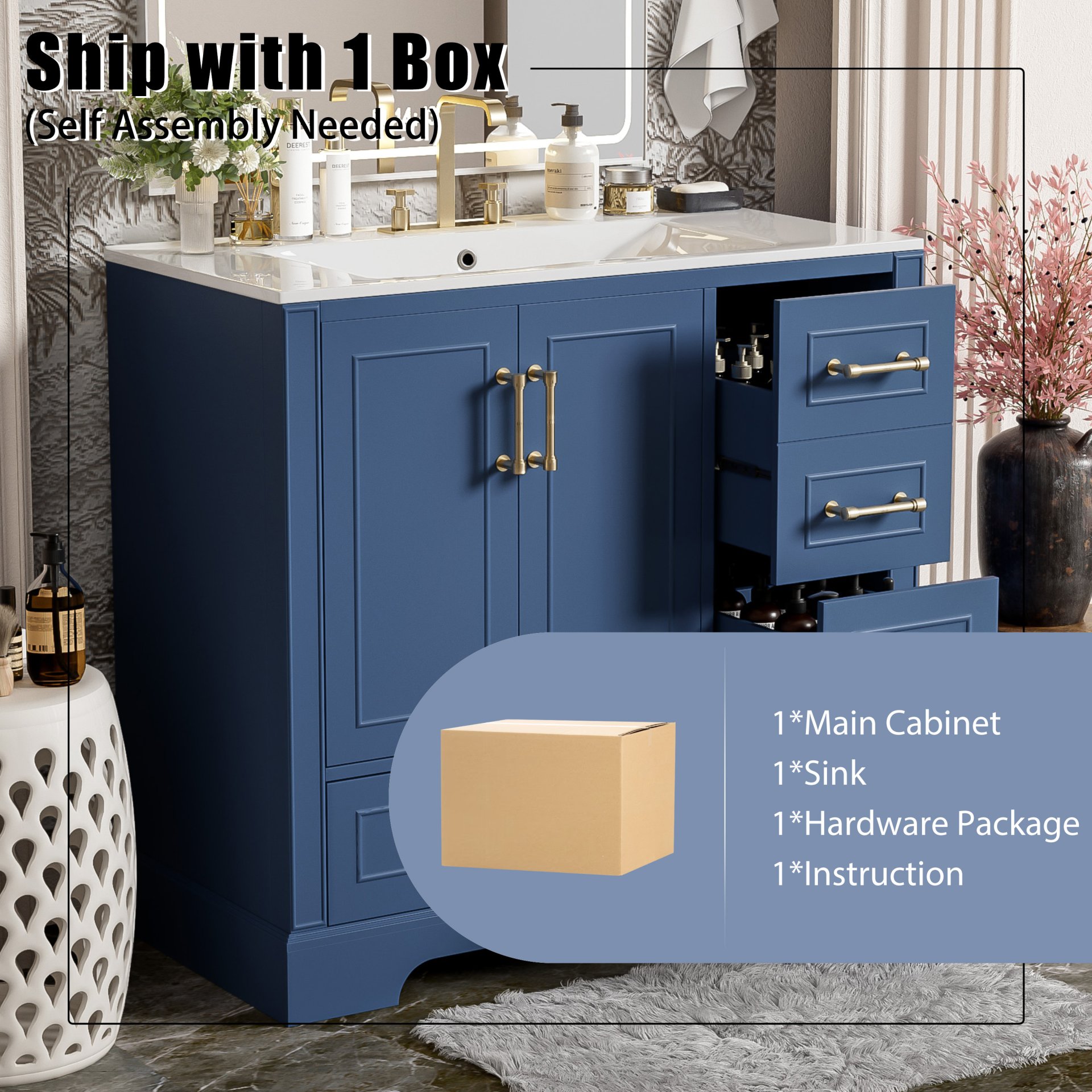 Traditional 36" Bathroom Vanity With Sink, Cabinet With Soft Close Doors And Drawers - Blue - Image 9