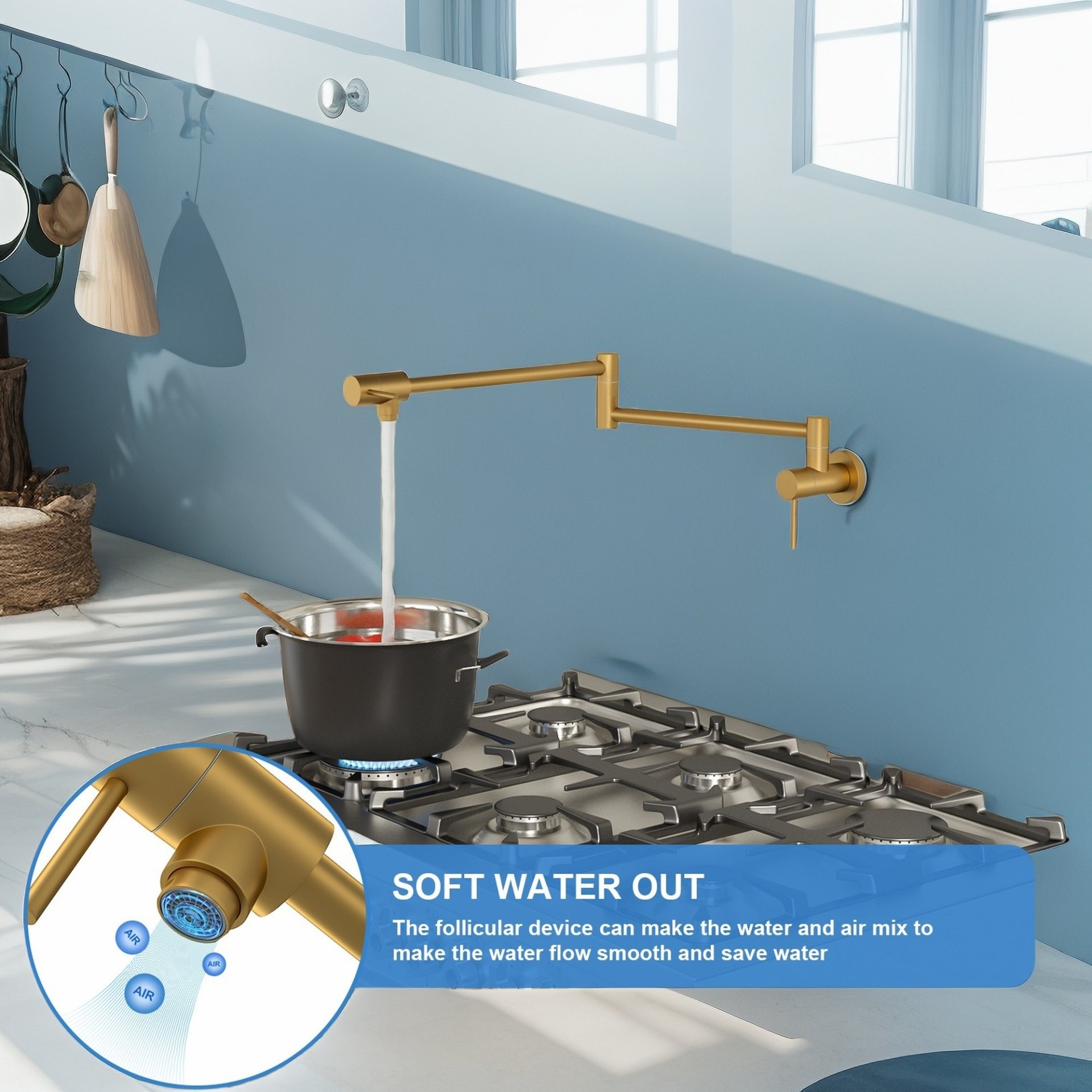 Design Pot Filler Faucet Wall Mount Kitchen Sink Faucet, Stretchable With 2 Handles - Gold - Image 4