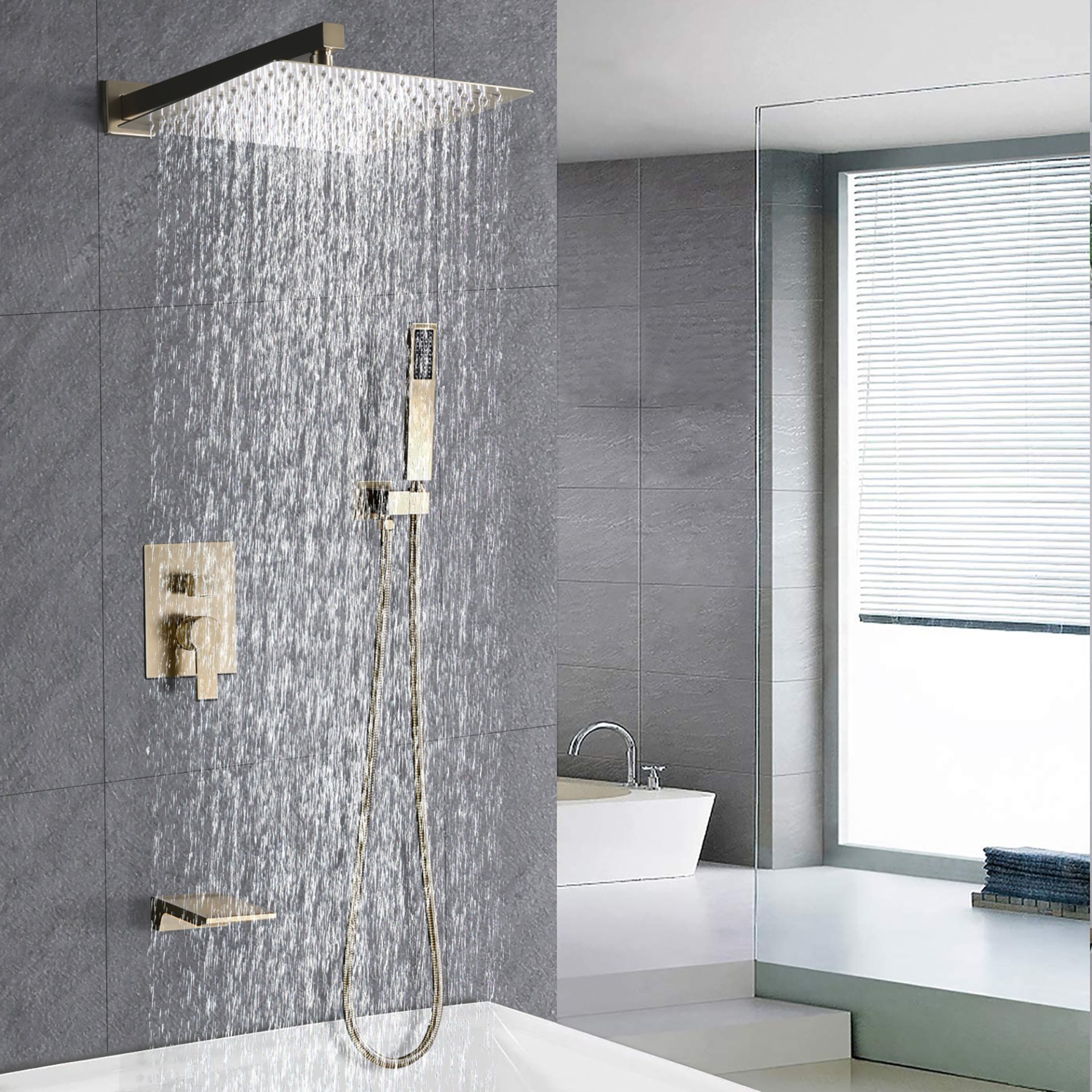 Luxury Bathroom Shower System With 12" Rain Shower Head Handheld Mixer - Brushed Gold - Image 4