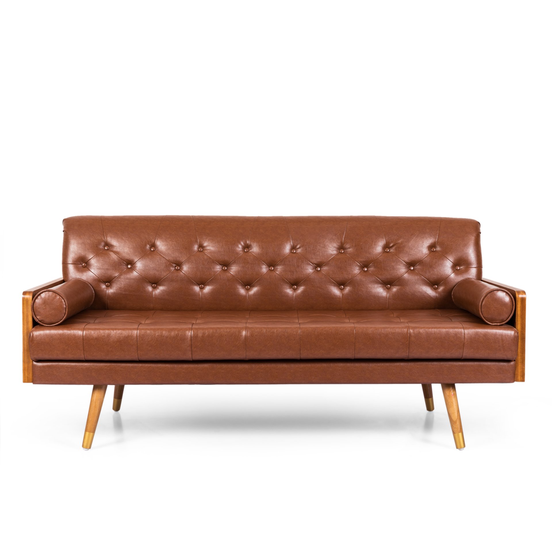 Adelaide - Mid Century Modern Tufted Sofa With Rolled Accent Pillows - Light Brown - Image 5