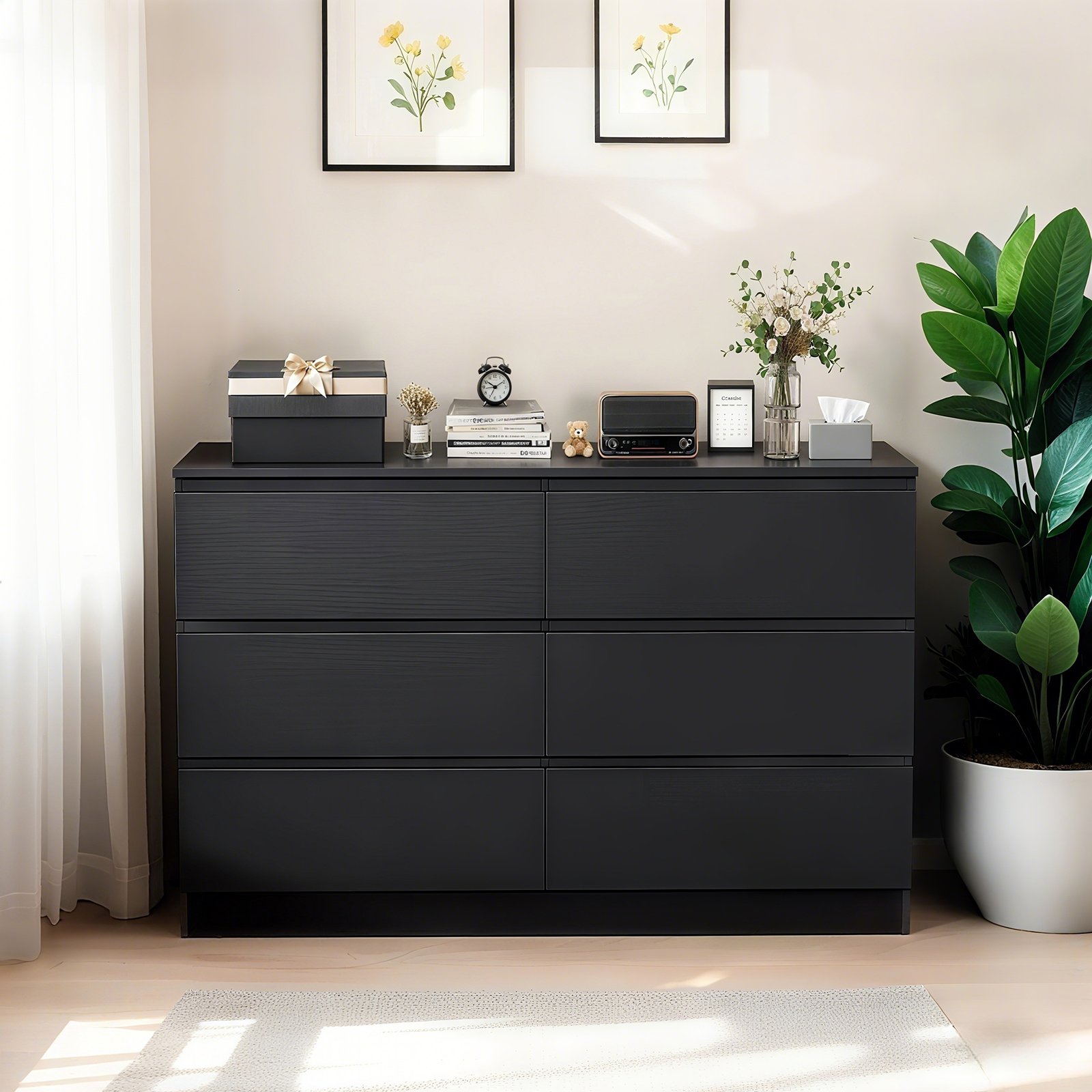 6 Drawer Dresser With Spacious Countertop And Concealed Handles, Storage Cabinet For Bedroom - Black - Image 2