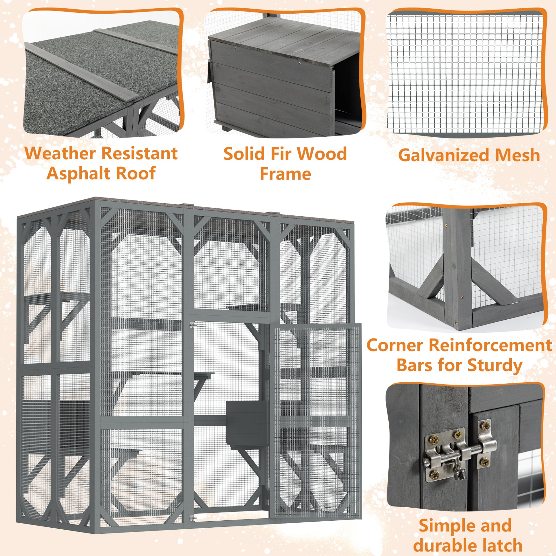 Outdoor Cat House Wooden Catio Enclosure With Cover - Large Cat Cage With Jump Platforms And Condos, Weatherproof - Gray - Image 6