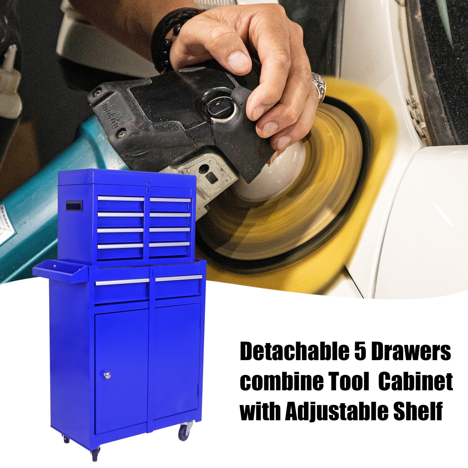 Rolling Tool Chest, 5 Drawer Tool Box Organizer With Lockable Wheels & Sliding Drawers & Detachable Top & Adjustable Shelf, Tool Storage Cabinet For Garage Workshop - Blue - Image 15